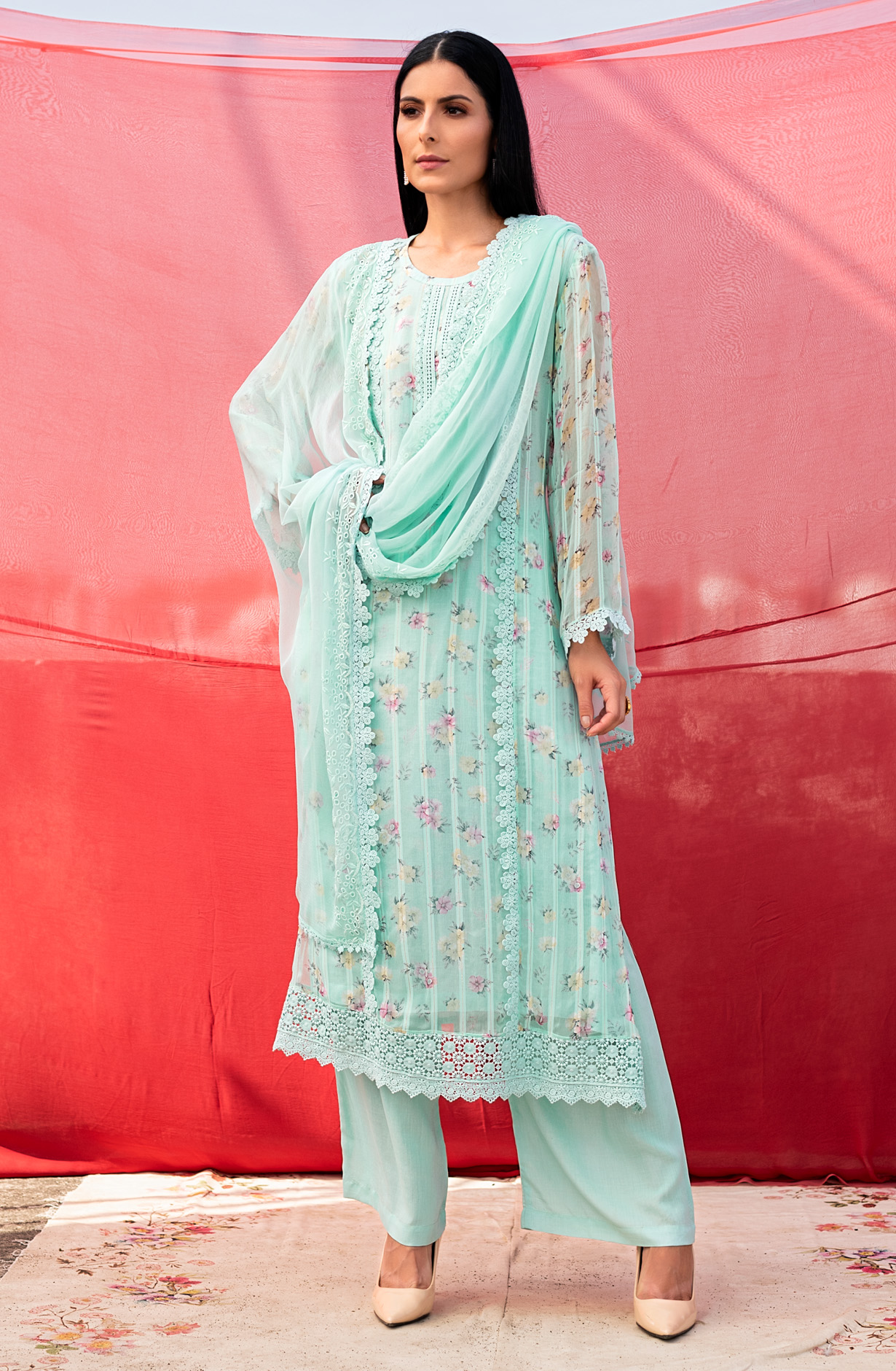 Sea Green Exclusive Chiffon with Lining Salwar Kameez Dupatta - MER1802