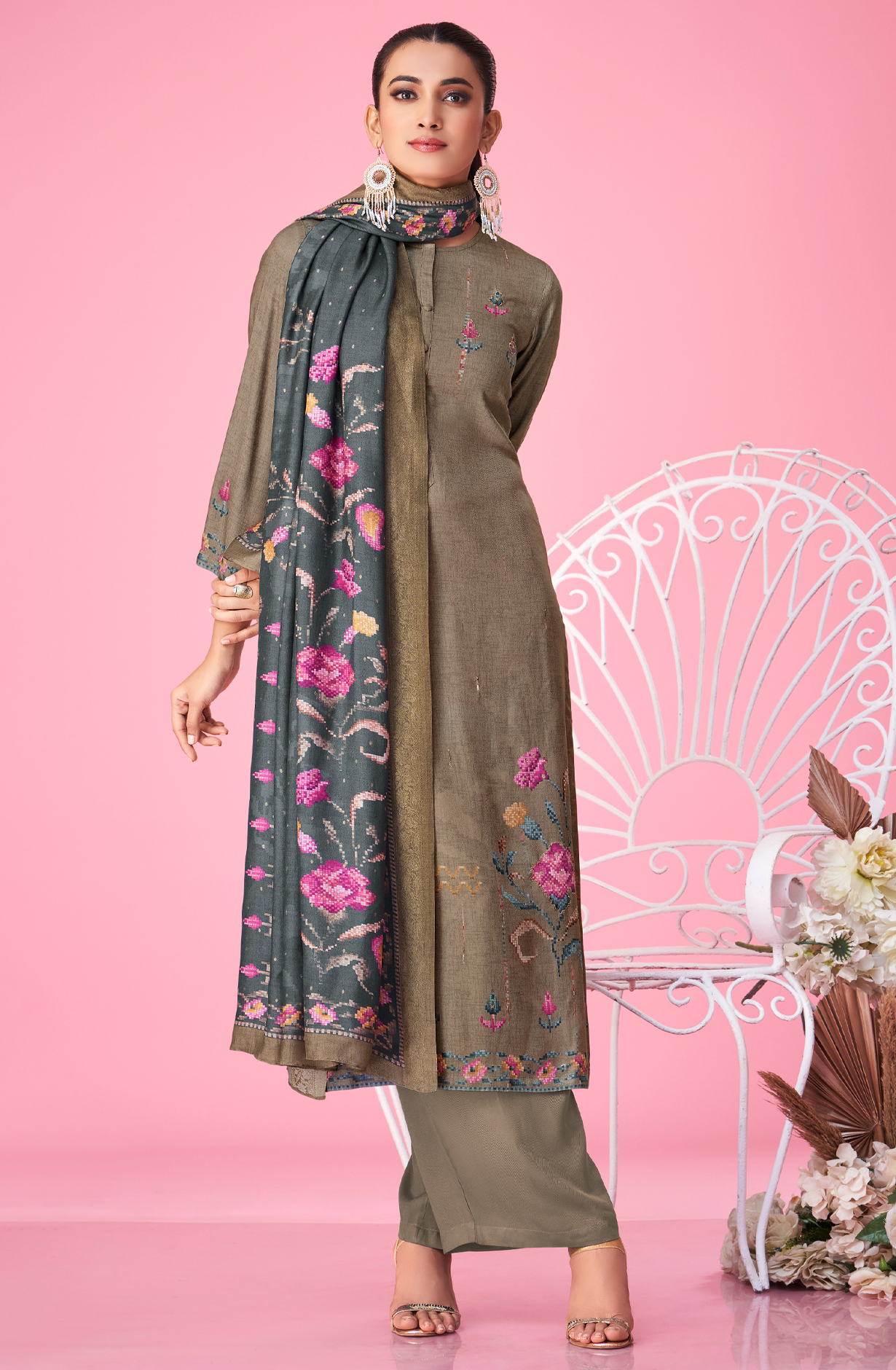 Beige Pashmina Digital Printed Winter Wear Salwar Kameez - MER5335