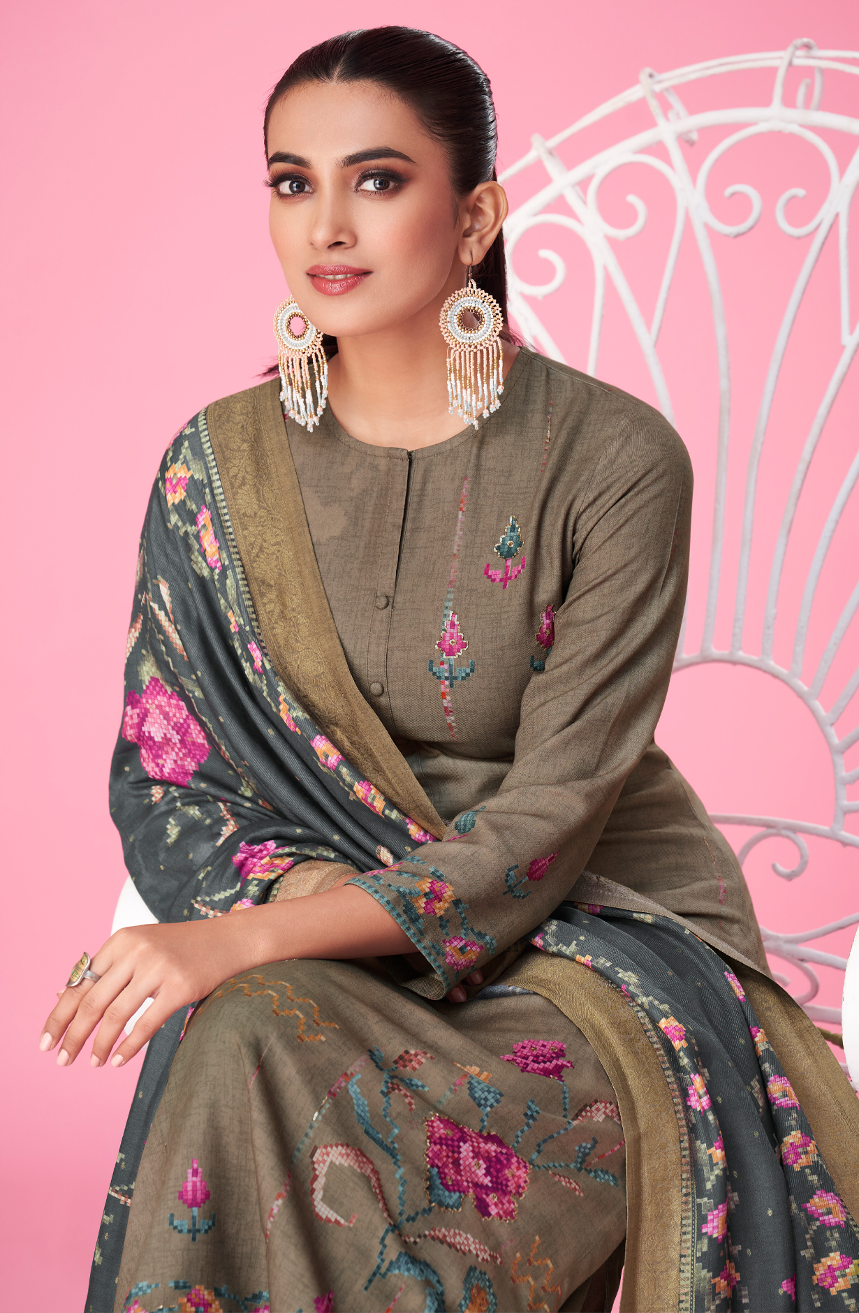 Beige Pashmina Digital Printed Winter Wear Salwar Kameez - MER5335