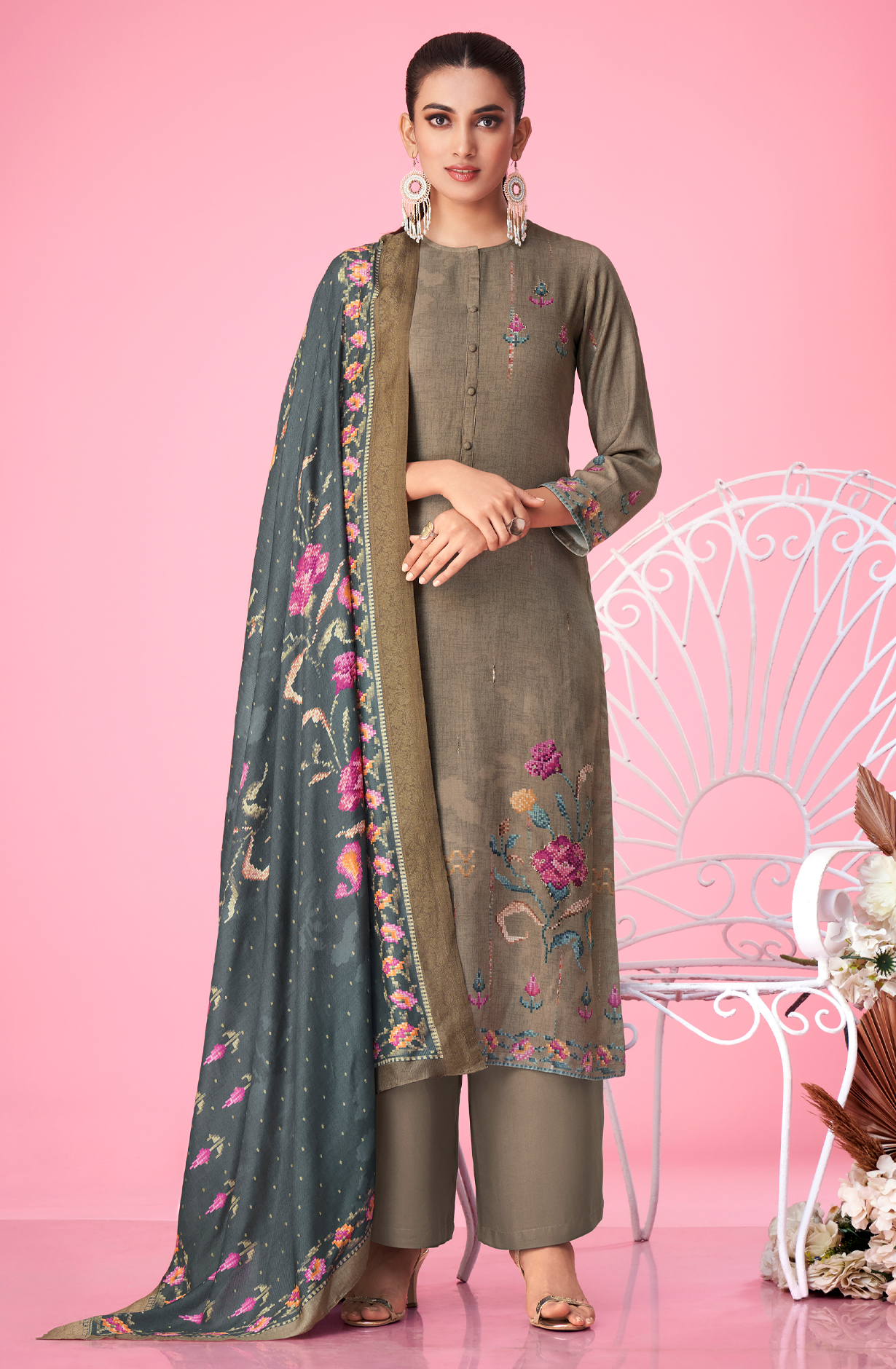 Beige Pashmina Digital Printed Winter Wear Salwar Kameez - MER5335