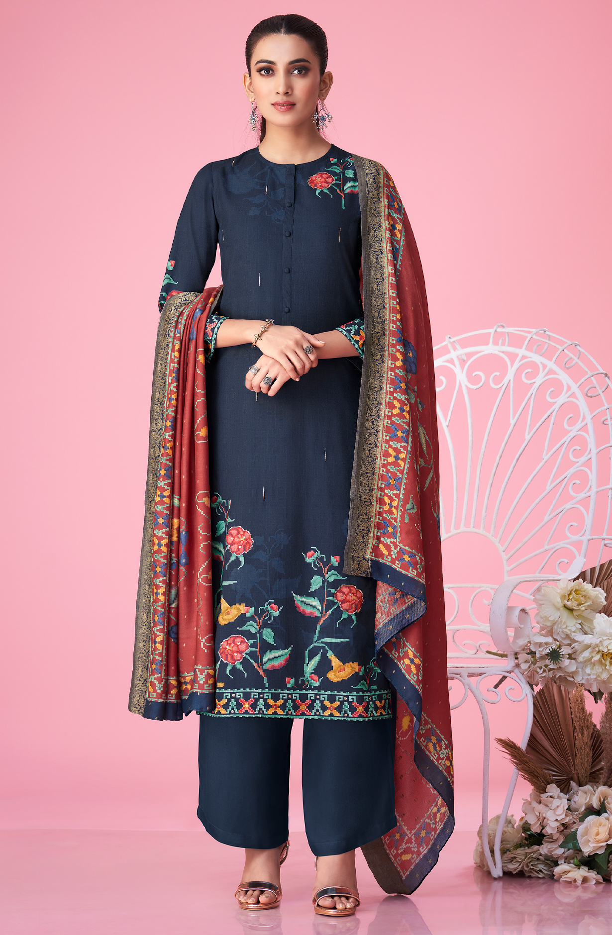 Blue Pashmina Digital Printed Winter Wear Salwar Kameez - MER5343