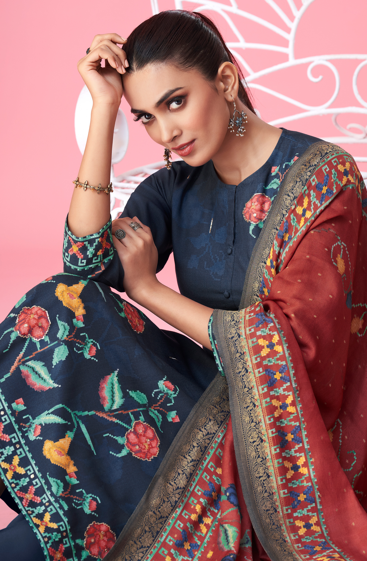 Blue Pashmina Digital Printed Winter Wear Salwar Kameez - MER5343