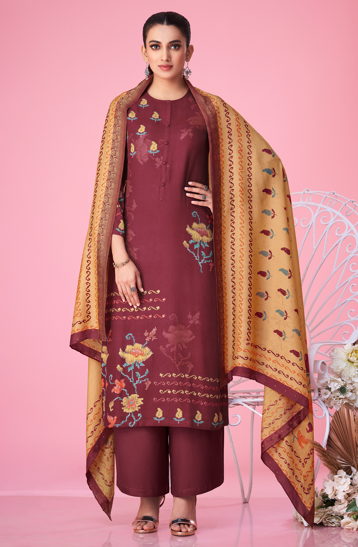 Maroon Pashmina Digital Printed Winter Wear Salwar Kameez - MER5365