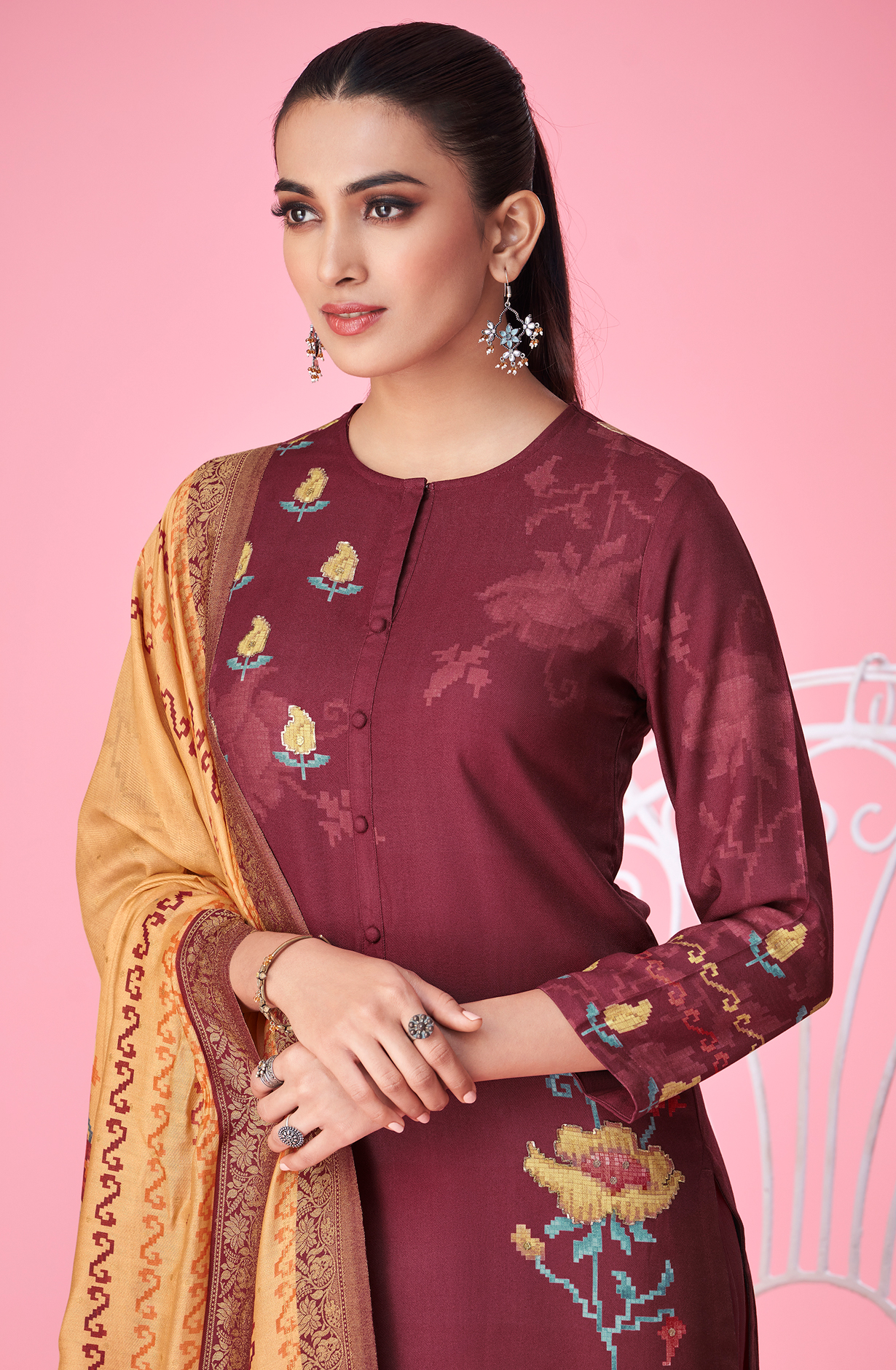 Maroon Pashmina Digital Printed Winter Wear Salwar Kameez - MER5365