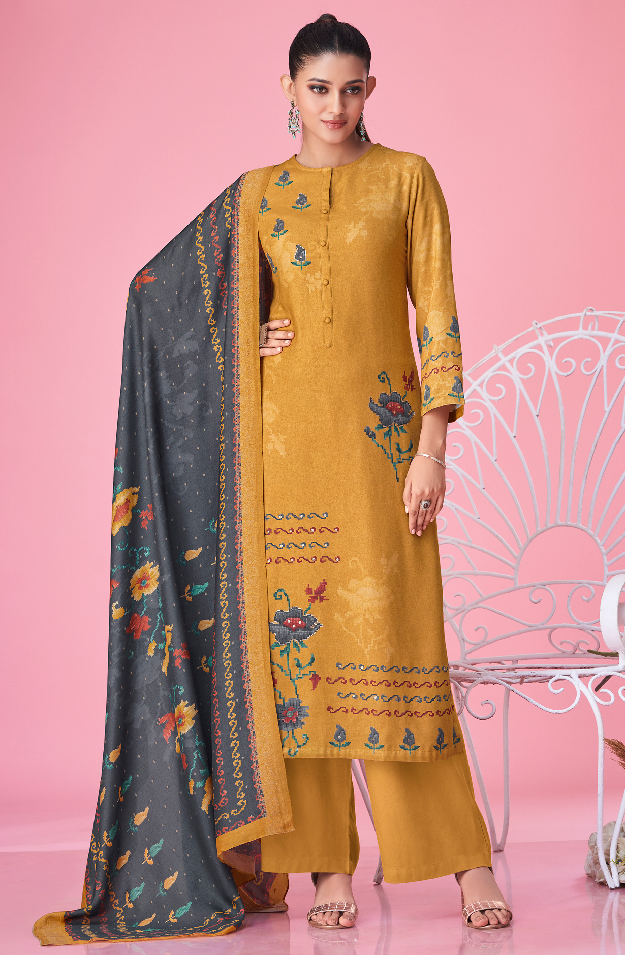 Mustard Yellow Pashmina Digital Printed Winter Wear Salwar Kameez - MER5367