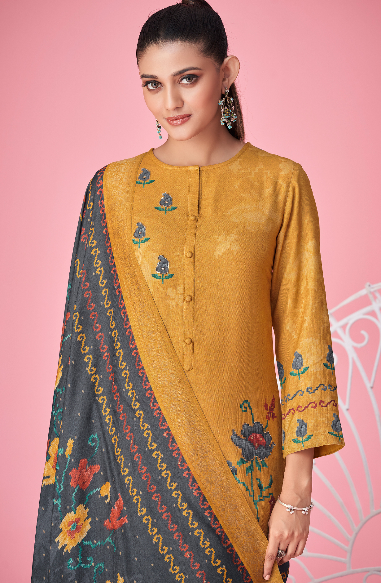 Mustard Yellow Pashmina Digital Printed Winter Wear Salwar Kameez - MER5367