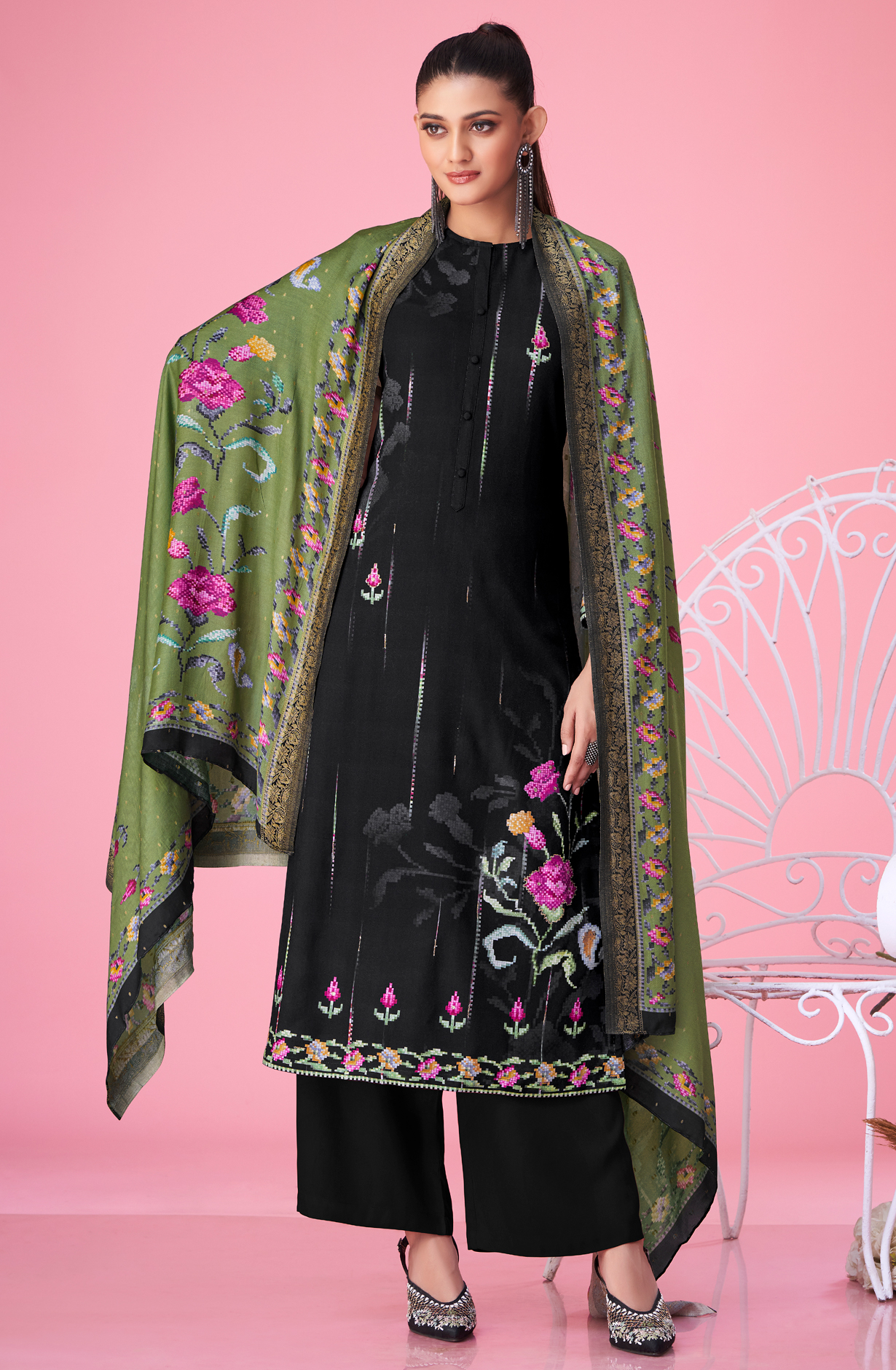 Black Pashmina Digital Printed Winter Wear Salwar Kameez - MER5387