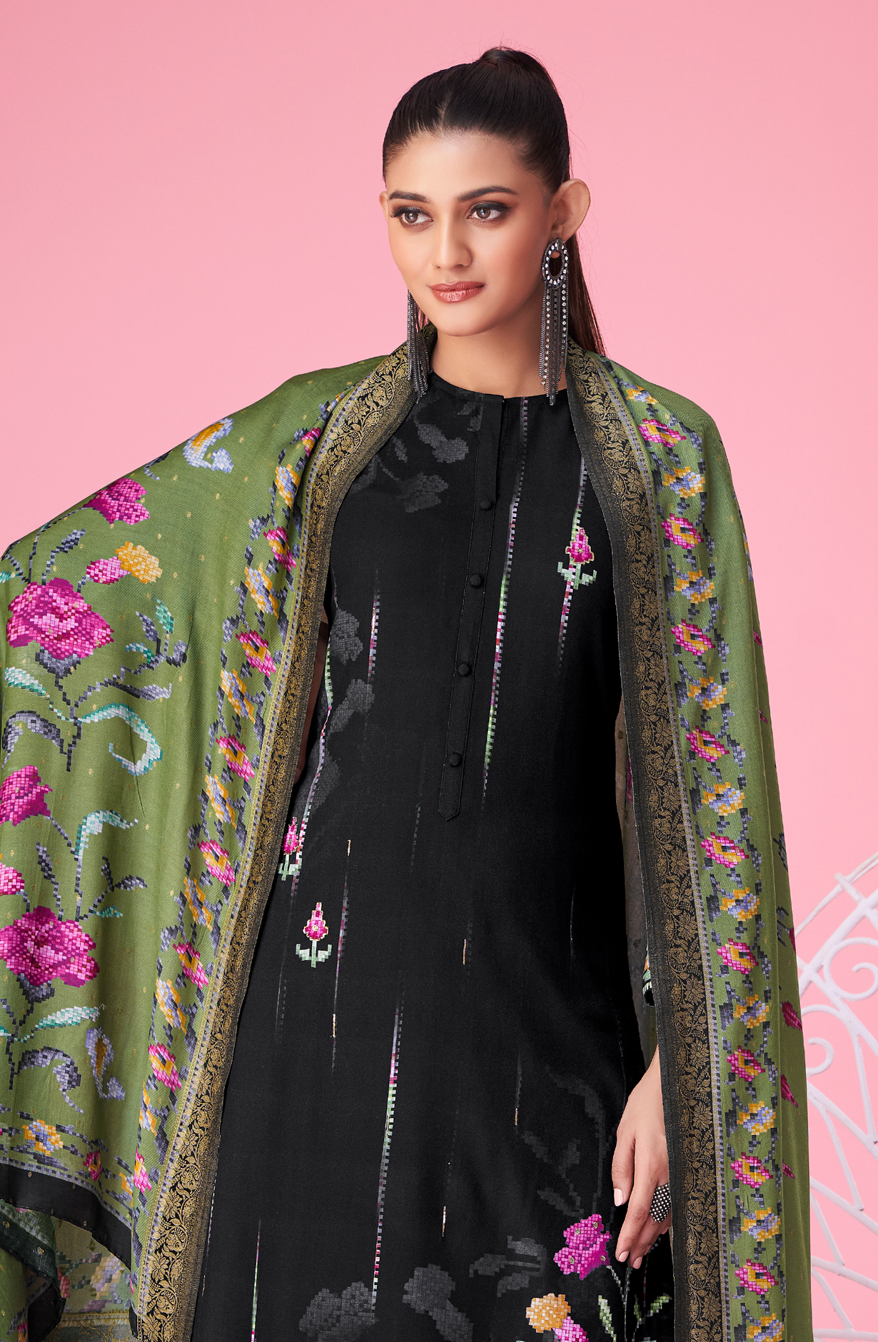 Black Pashmina Digital Printed Winter Wear Salwar Kameez - MER5387