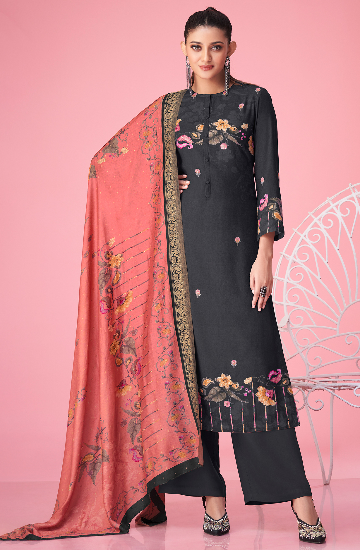 Grey Pashmina Digital Printed Winter Wear Salwar Kameez - MER5389