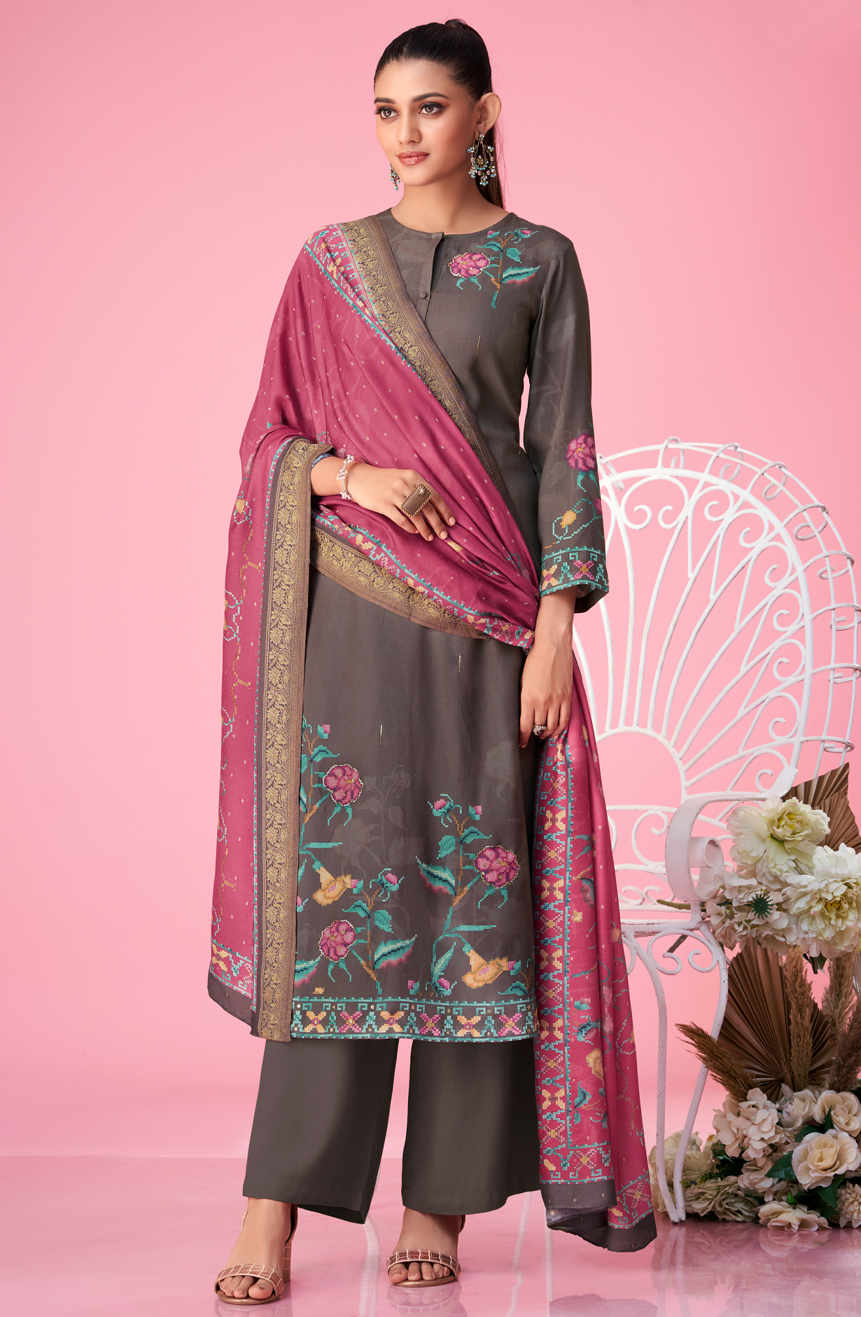 Chocolate Brown Pashmina Digital Printed Winter Wear Salwar Kameez - MER5393