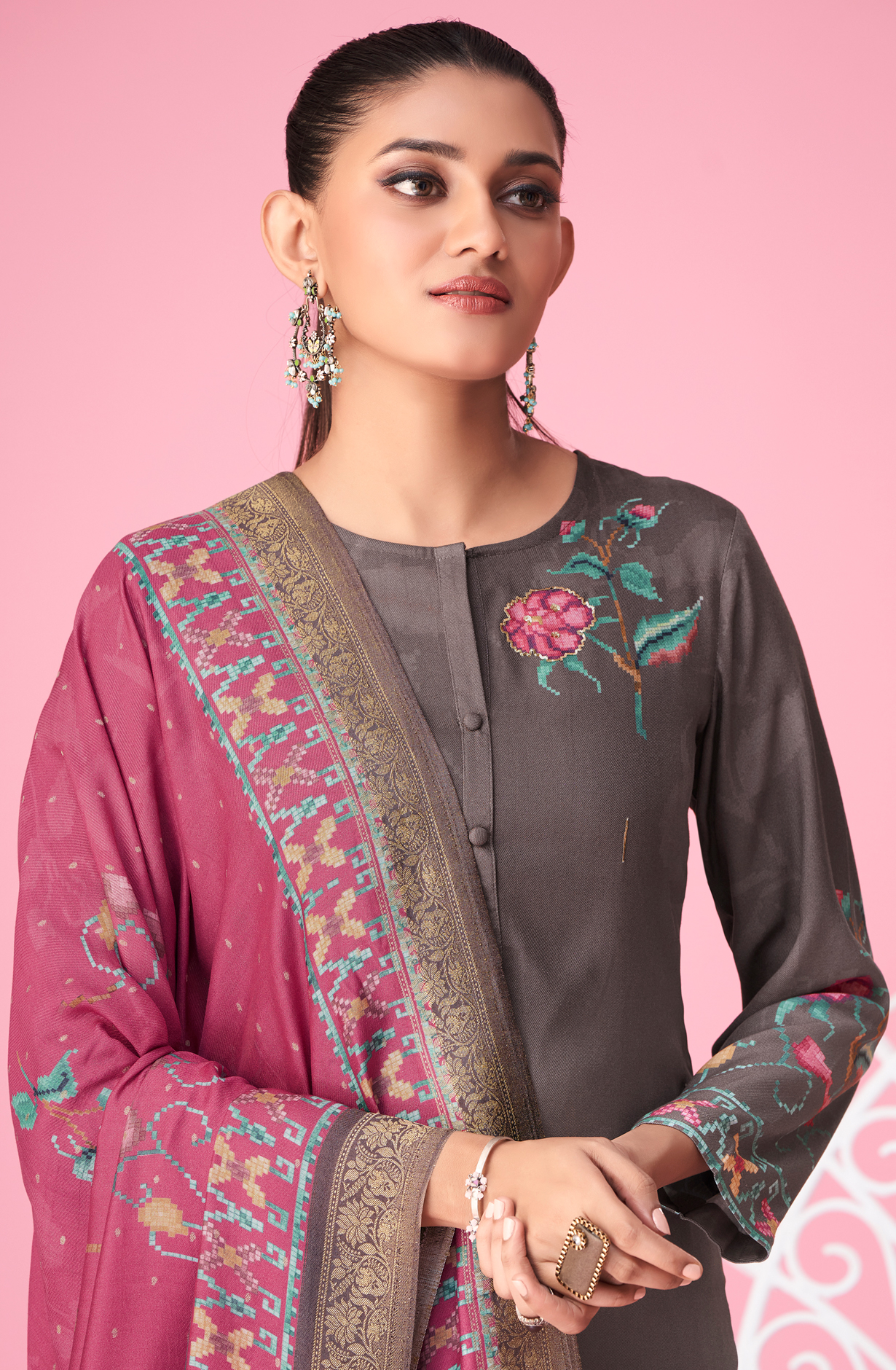 Chocolate Brown Pashmina Digital Printed Winter Wear Salwar Kameez - MER5393