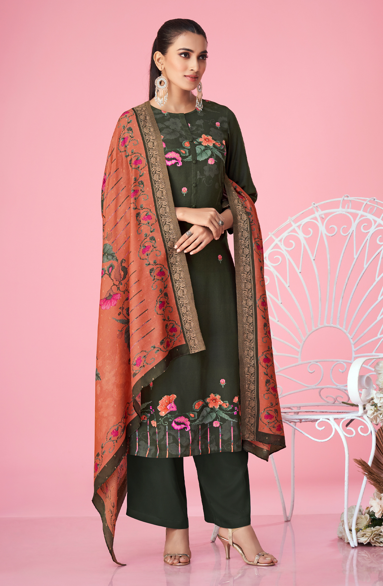 Bottle Green Pashmina Digital Printed Winter Wear Salwar Kameez - MER5397