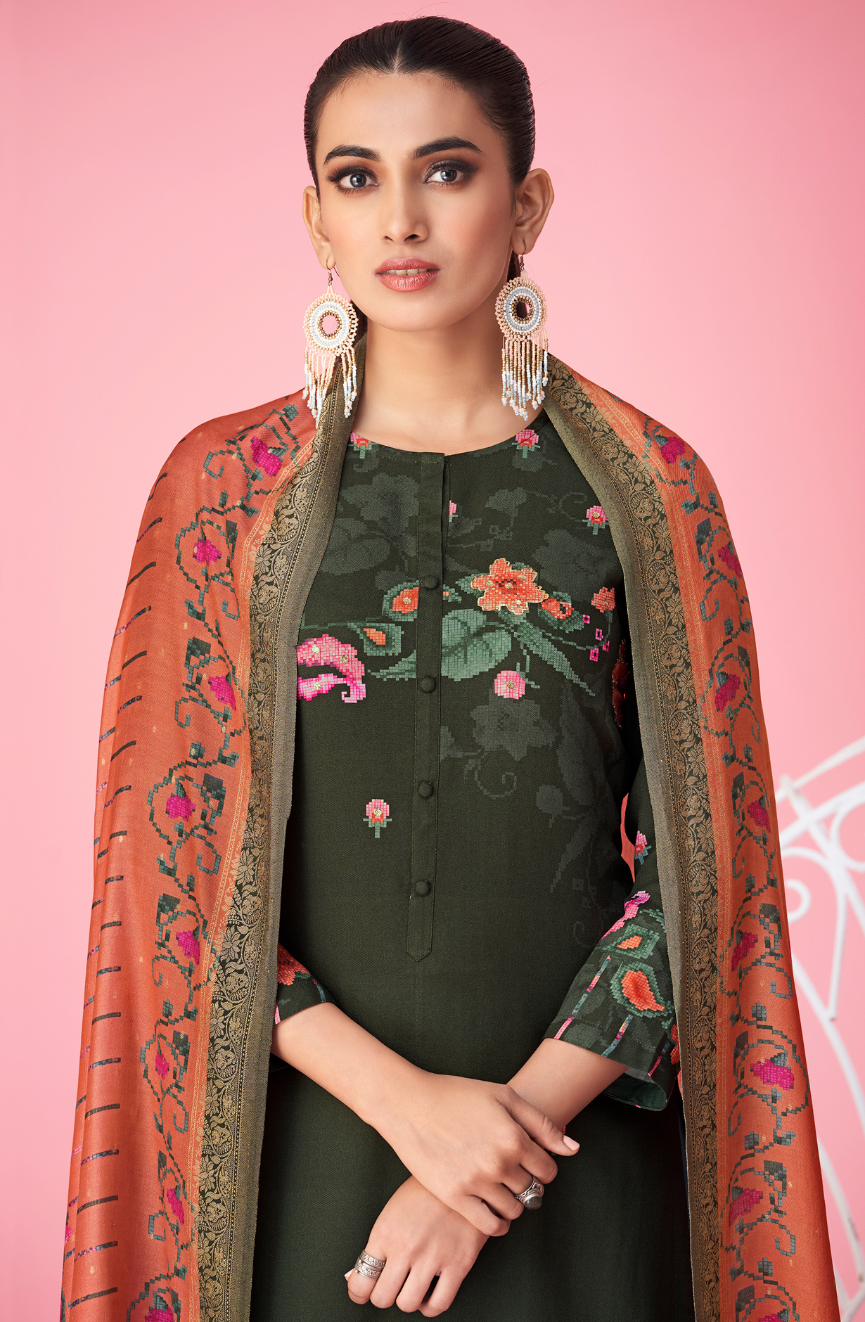 Bottle Green Pashmina Digital Printed Winter Wear Salwar Kameez - MER5397