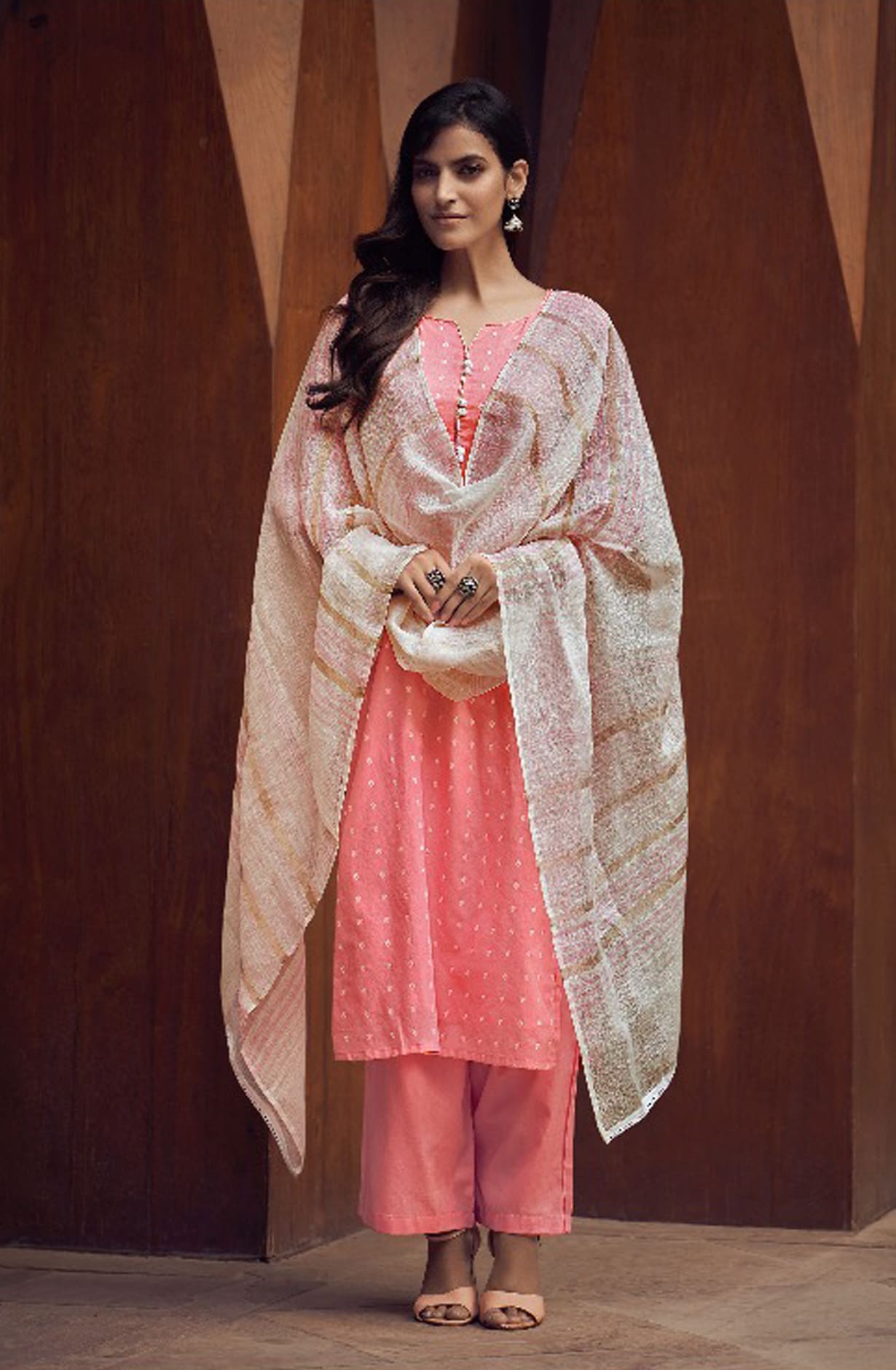 Pink Cotton Salwar Kameez with Beautiful Linen Dupatta - MERC0691