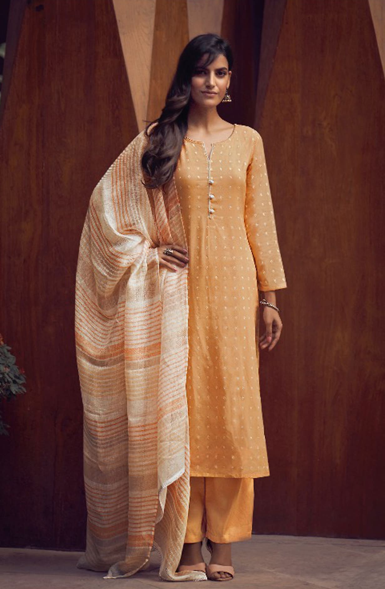 Fawn Cotton Salwar Kameez with Beautiful Linen Dupatta - MERC0692