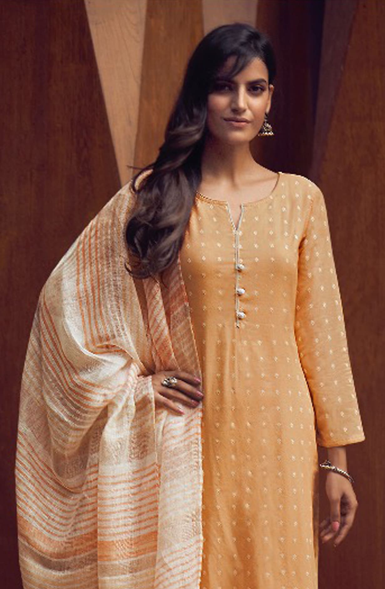Fawn Cotton Salwar Kameez with Beautiful Linen Dupatta - MERC0692