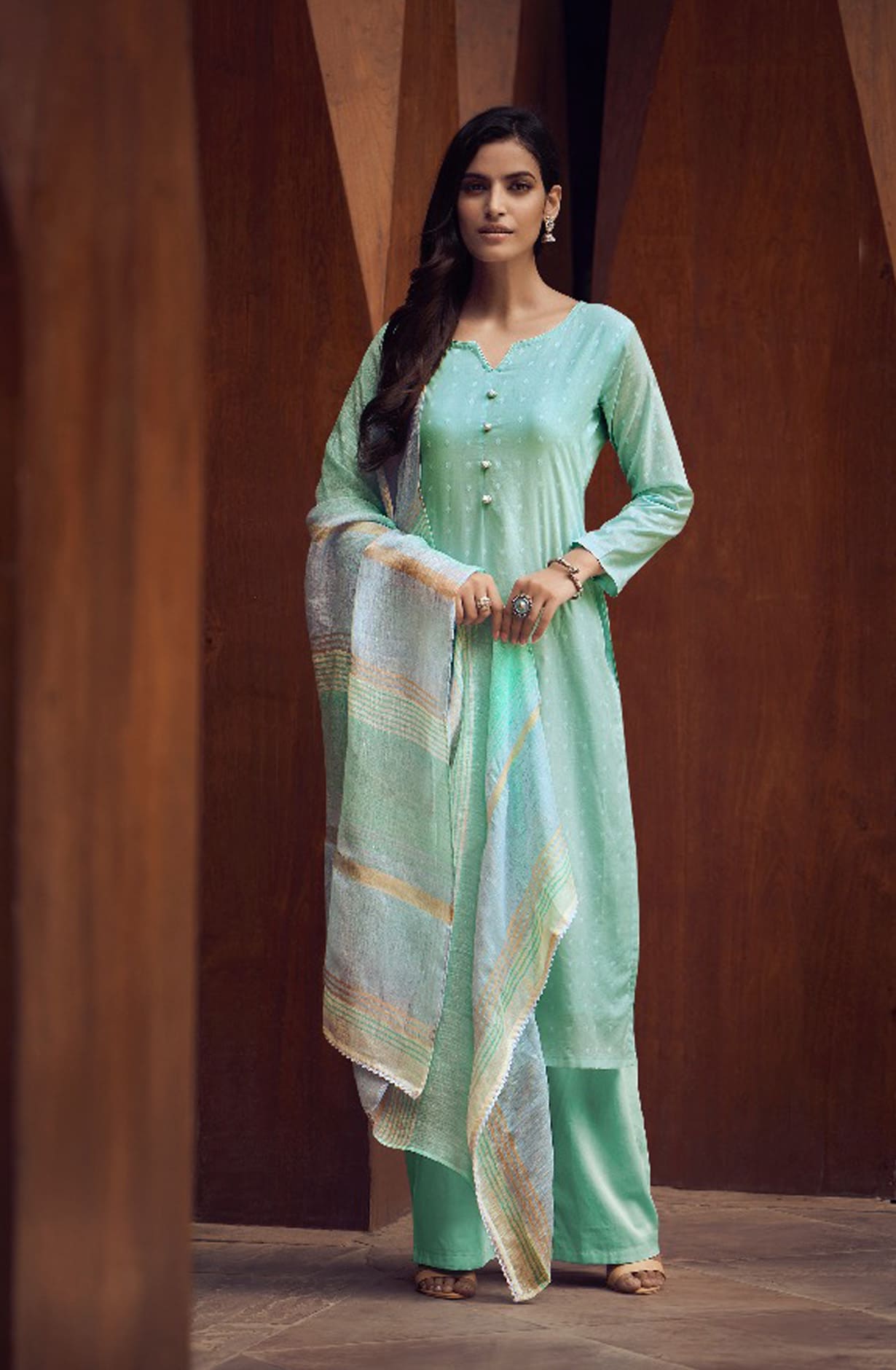 Sea Green Cotton Salwar Kameez with Beautiful Linen Dupatta - MERC0693
