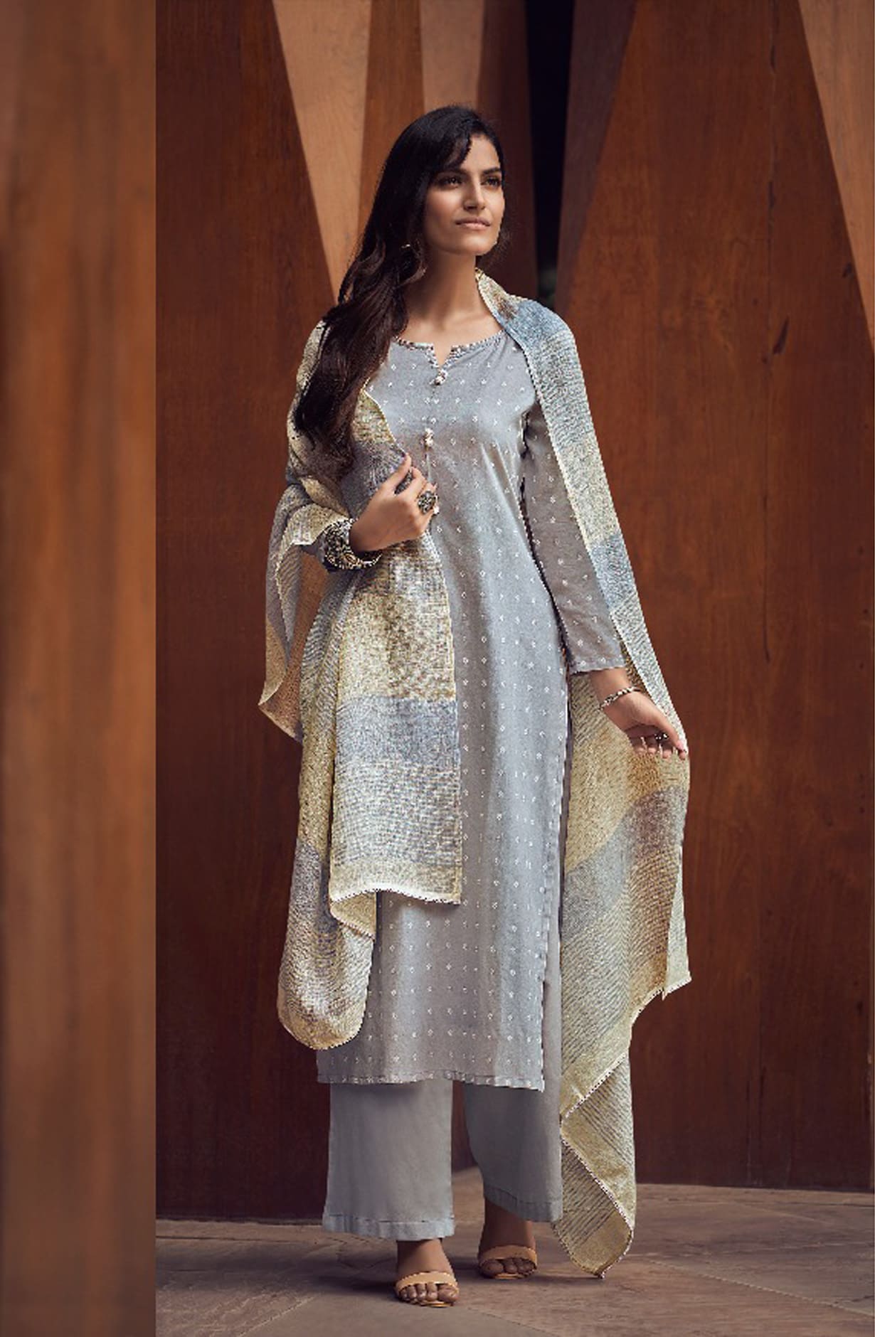 Pastel Grey Cotton Salwar Kameez with Beautiful Linen Dupatta - MERC0694