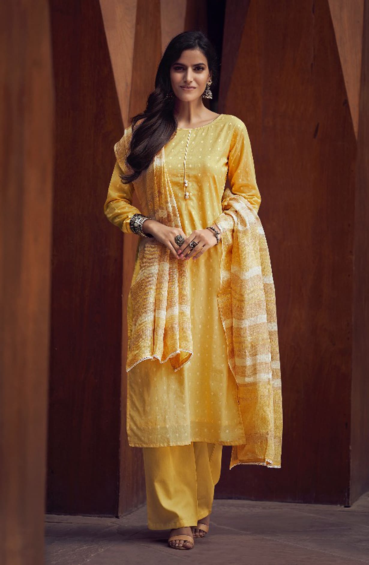 Yellow Cotton Salwar Kameez with Beautiful Linen Dupatta - MERC0695