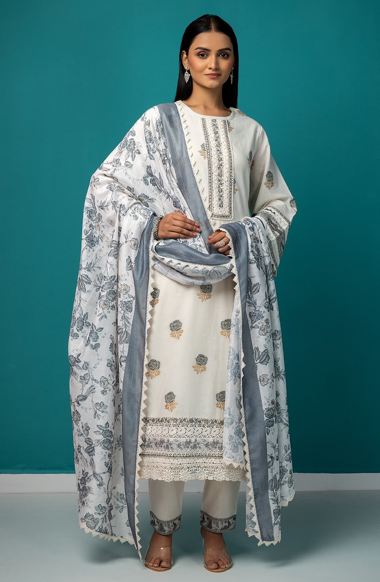 Off-white Cotton Jacquard Beautiful Lace Work Salwar Kameez - MES1888