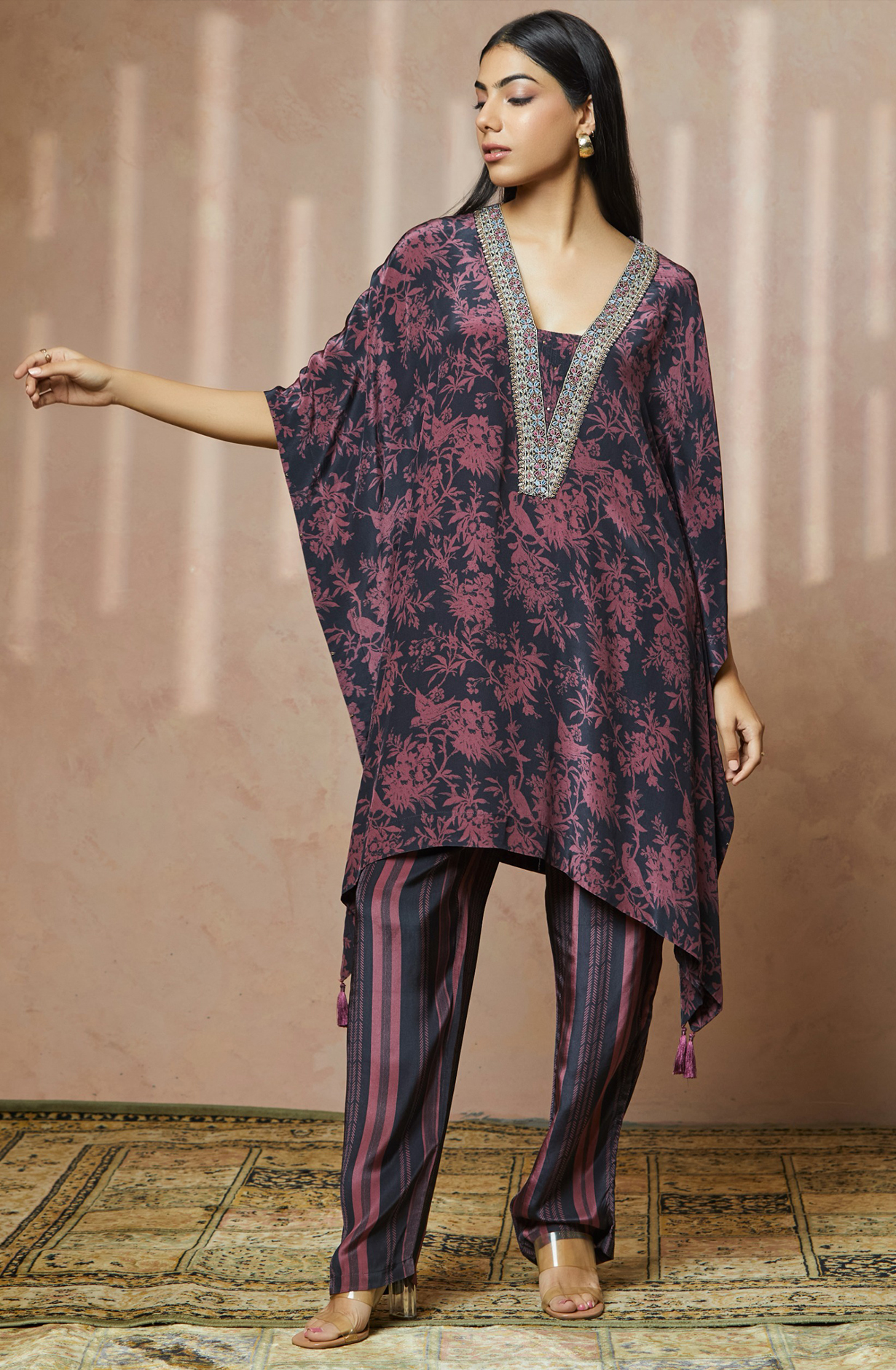 MIDNIGHT WINE Crepe Kaftan V Neck Women Printed Co-ords Set - MIDNCDS025 - Available Size L XXL