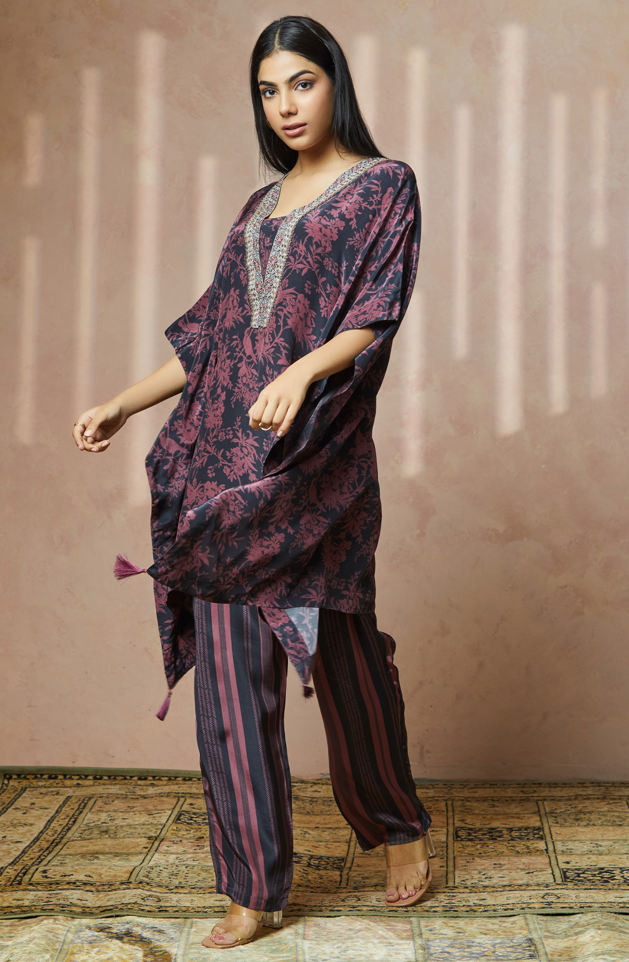MIDNIGHT WINE Crepe Kaftan V Neck Women Printed Co-ords Set - MIDNCDS025 - Available Size L XXL