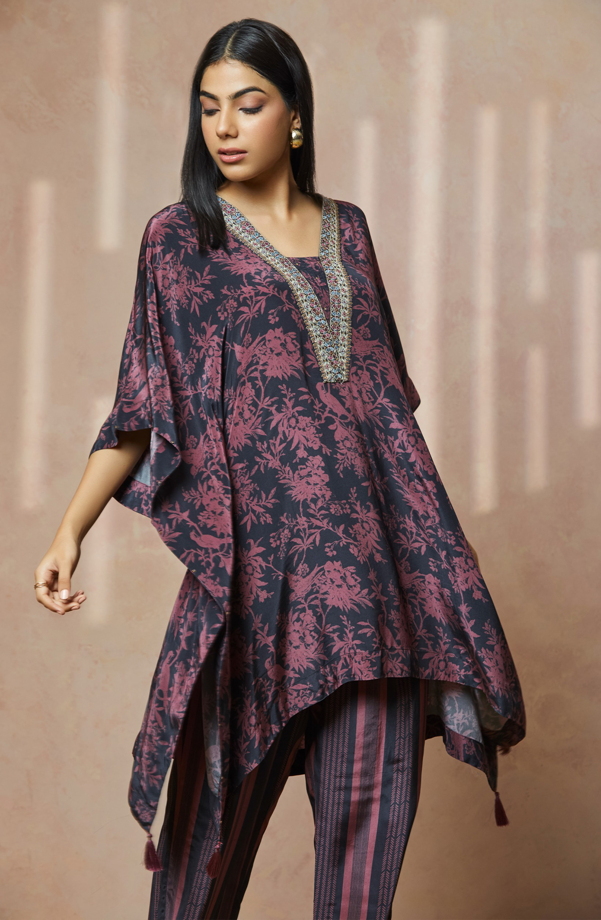 MIDNIGHT WINE Crepe Kaftan V Neck Women Printed Co-ords Set - MIDNCDS025 - Available Size L XXL