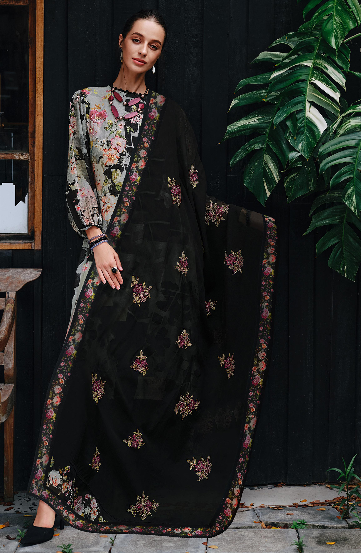 Black Linen Cotton Suit Set with Organza Dupatta - MIR01