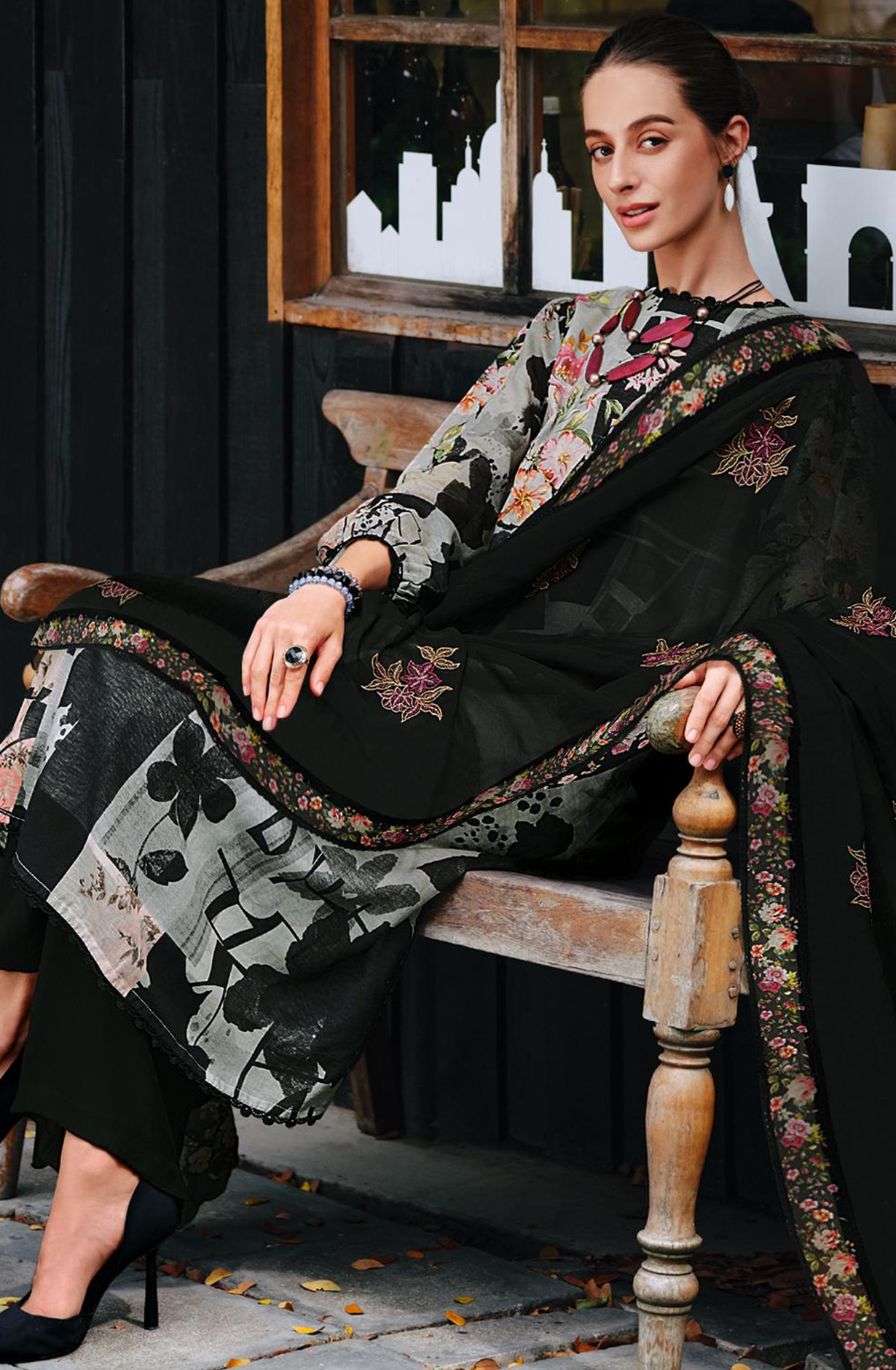 Black Linen Cotton Suit Set with Organza Dupatta - MIR01