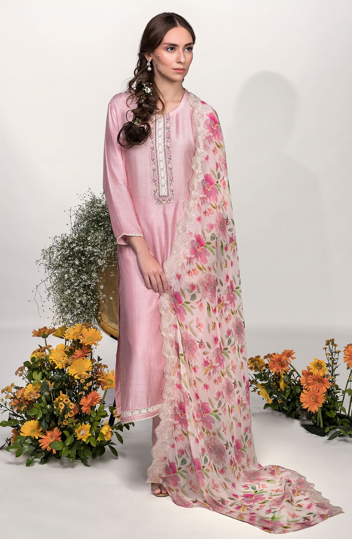 Pink Beautiful Muslin Unstitched Salwar Kameez with Organza Dupatta - MIR8808A