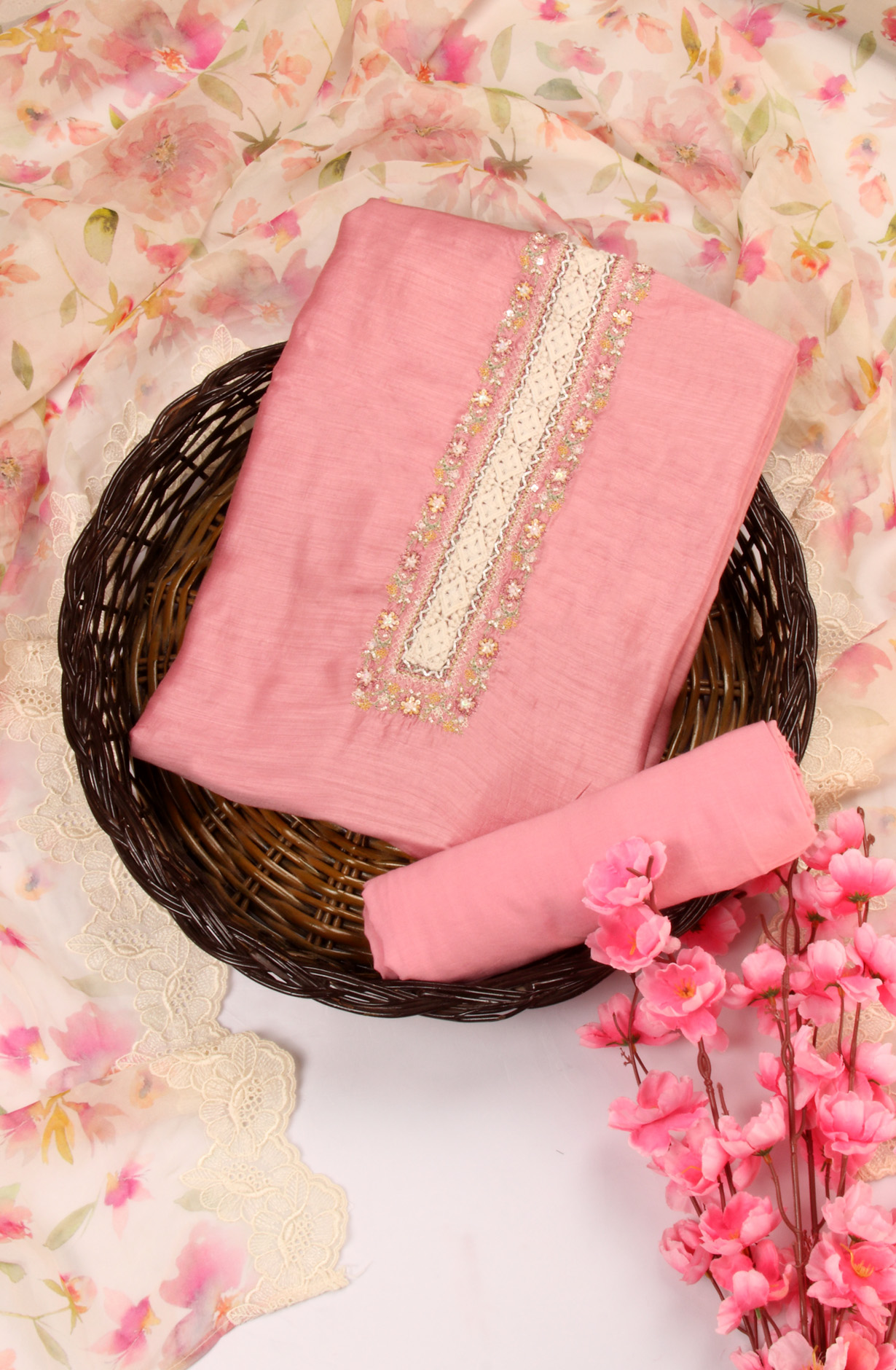 Pink Beautiful Muslin Unstitched Salwar Kameez with Organza Dupatta - MIR8808A