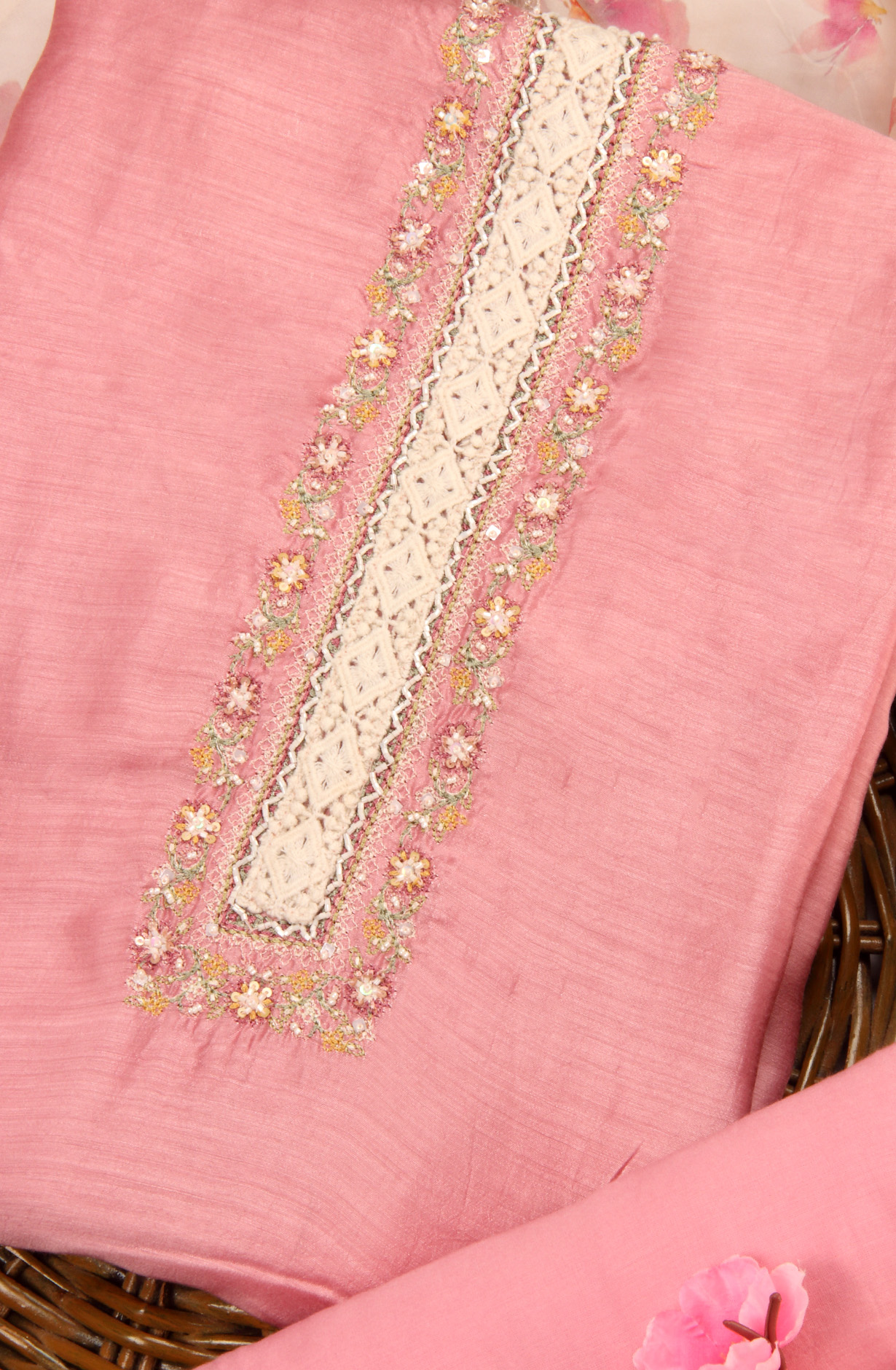 Pink Beautiful Muslin Unstitched Salwar Kameez with Organza Dupatta - MIR8808A