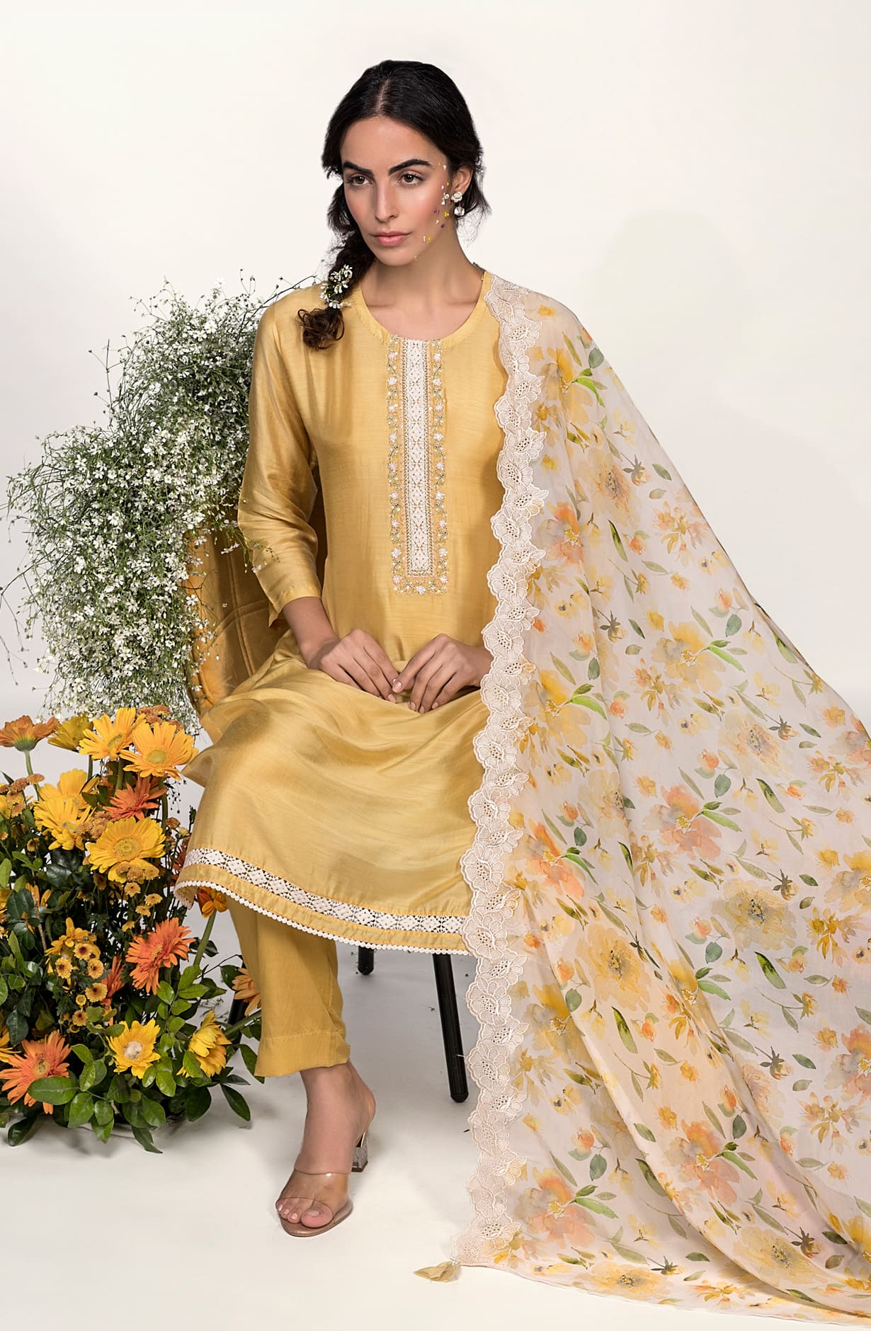 Yellow Beautiful Muslin Unstitched Salwar Kameez with Organza Dupatta - MIR8808B