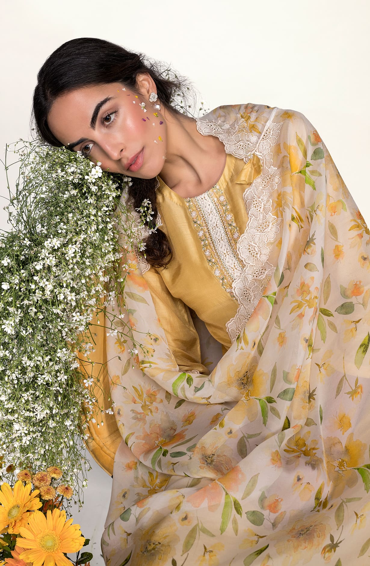 Yellow Beautiful Muslin Unstitched Salwar Kameez with Organza Dupatta - MIR8808B