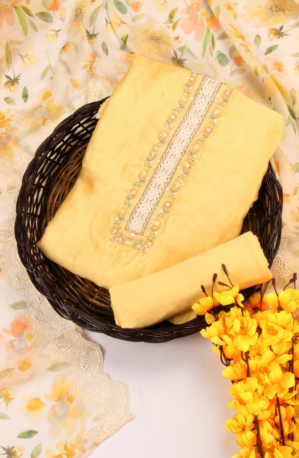 Yellow Beautiful Muslin Unstitched Salwar Kameez with Organza Dupatta - MIR8808B