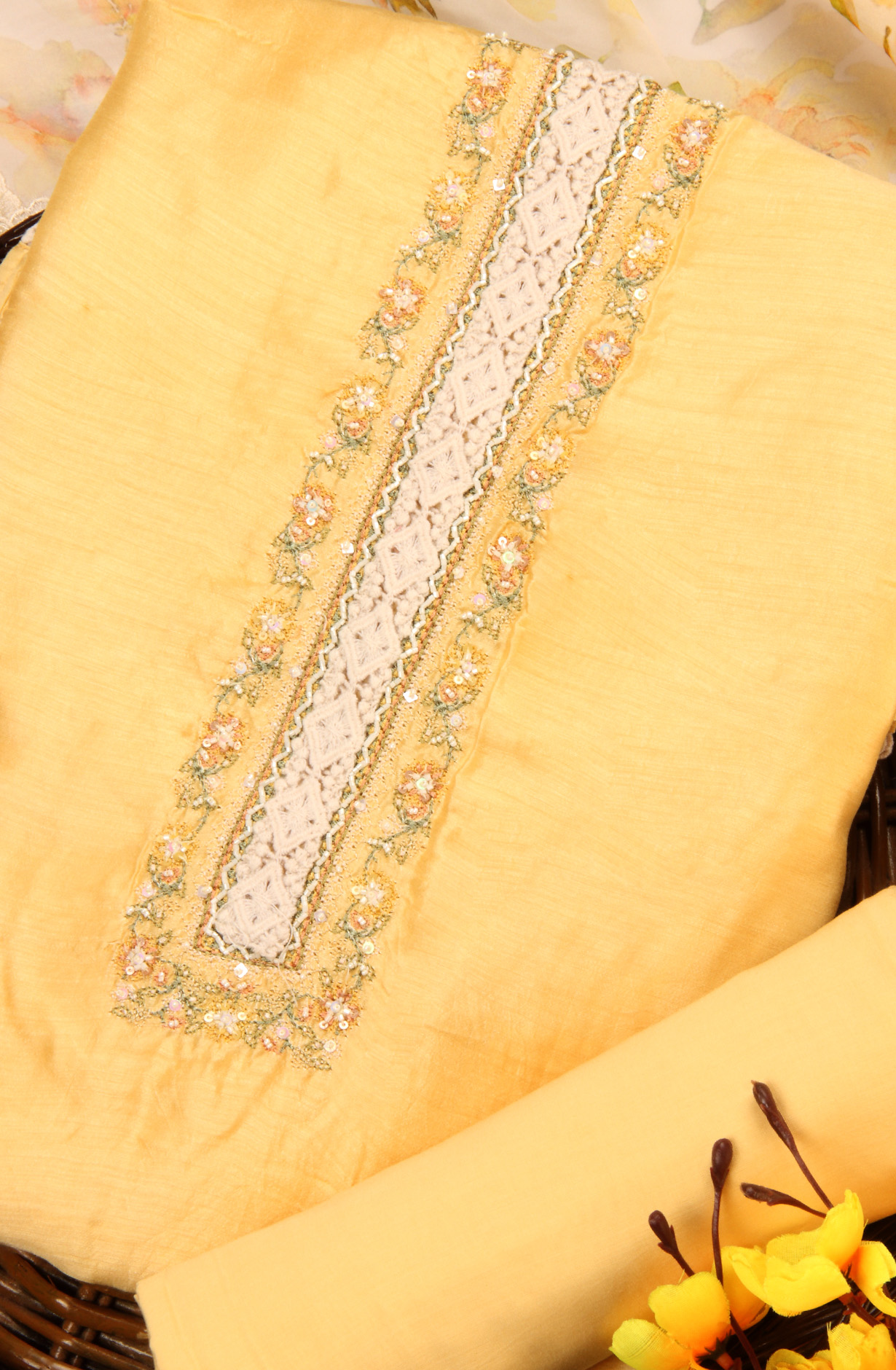 Yellow Beautiful Muslin Unstitched Salwar Kameez with Organza Dupatta - MIR8808B