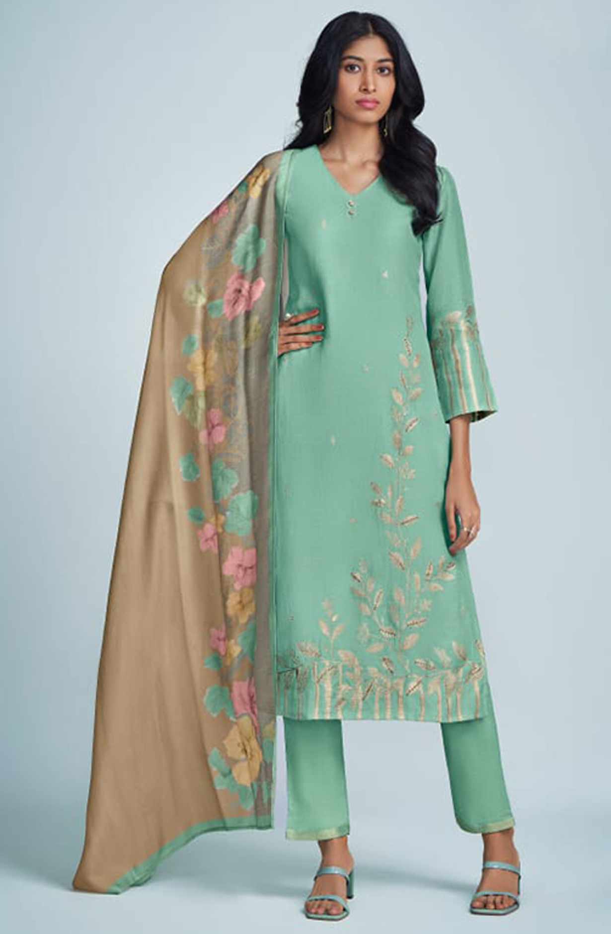 Green Linen Handwork Suit with Dupatta - MIS6861D
