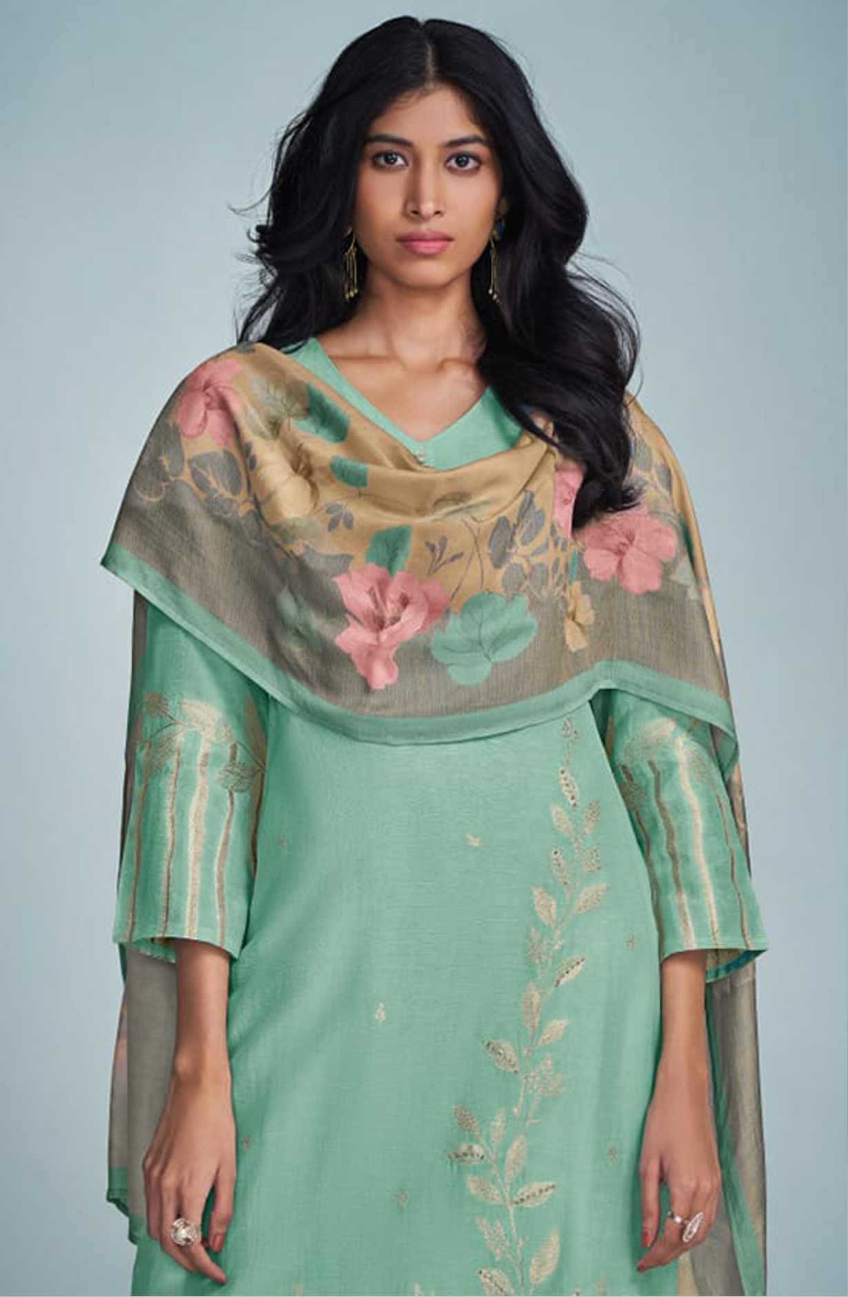 Green Linen Handwork Suit with Dupatta - MIS6861D