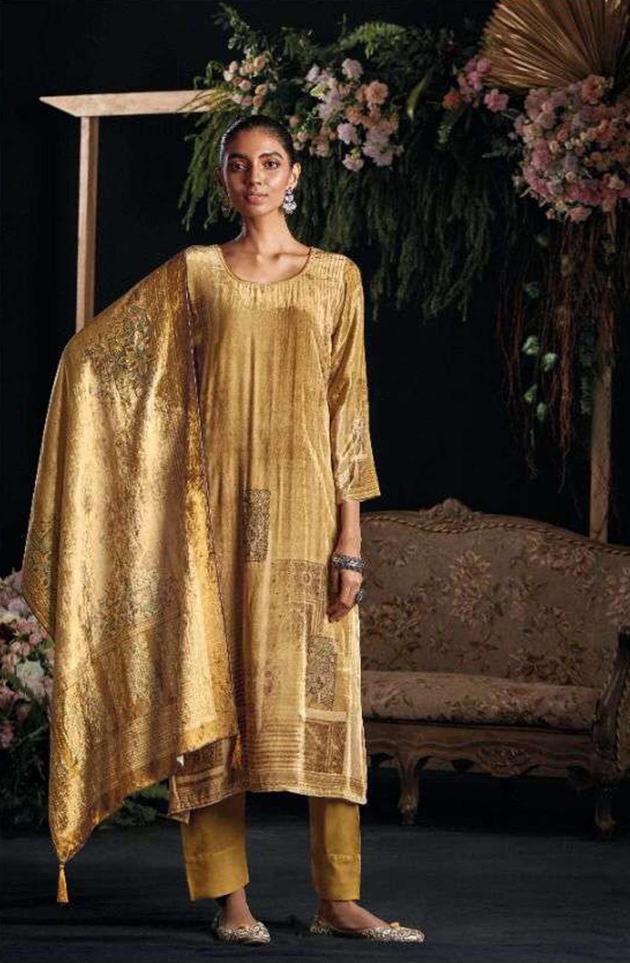 Mustard Yellow Pure Velvet Unstitched Salwar Suit - MIS881