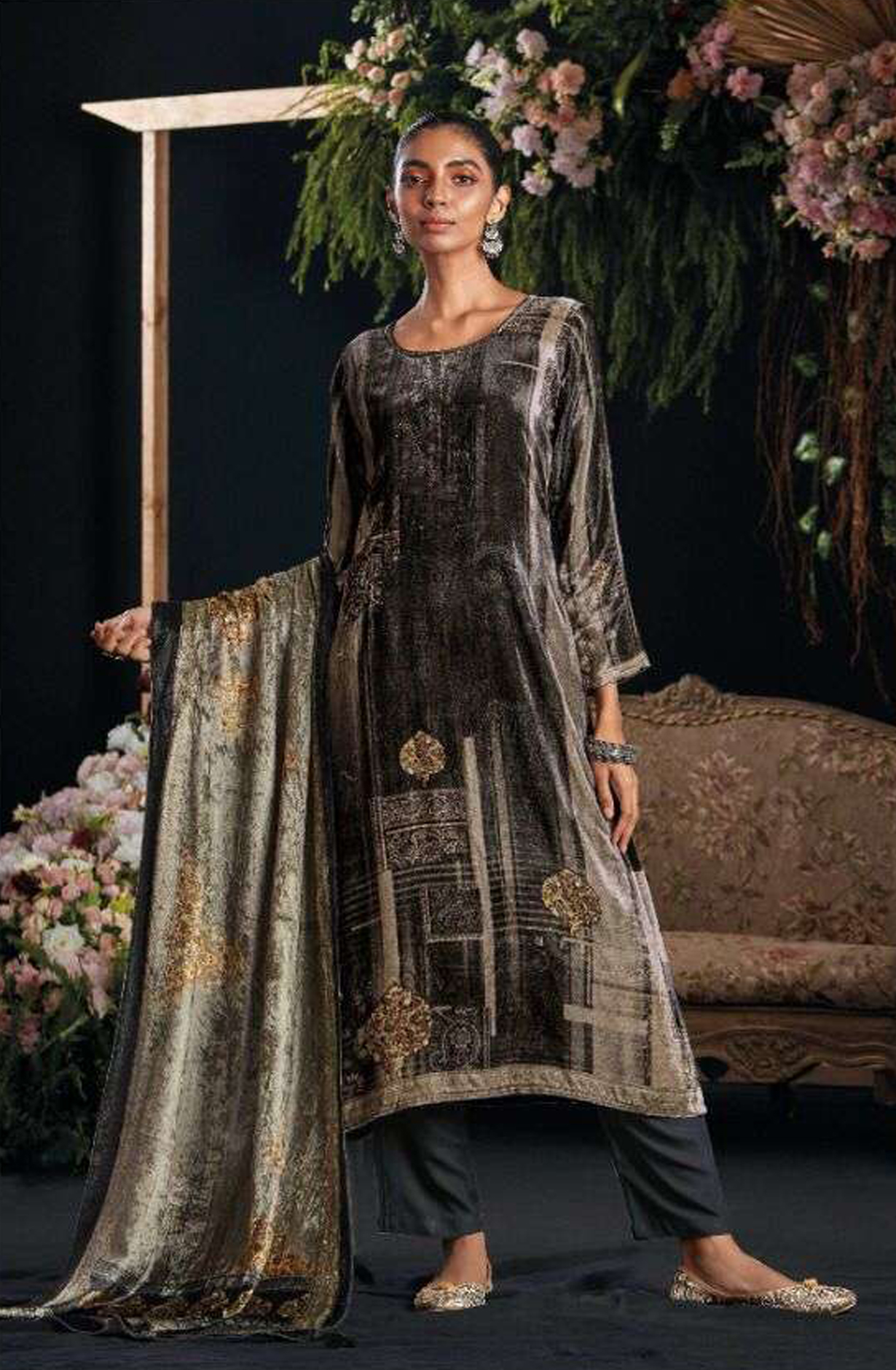 Black Pure Velvet Unstitched Salwar Suit - MIS882