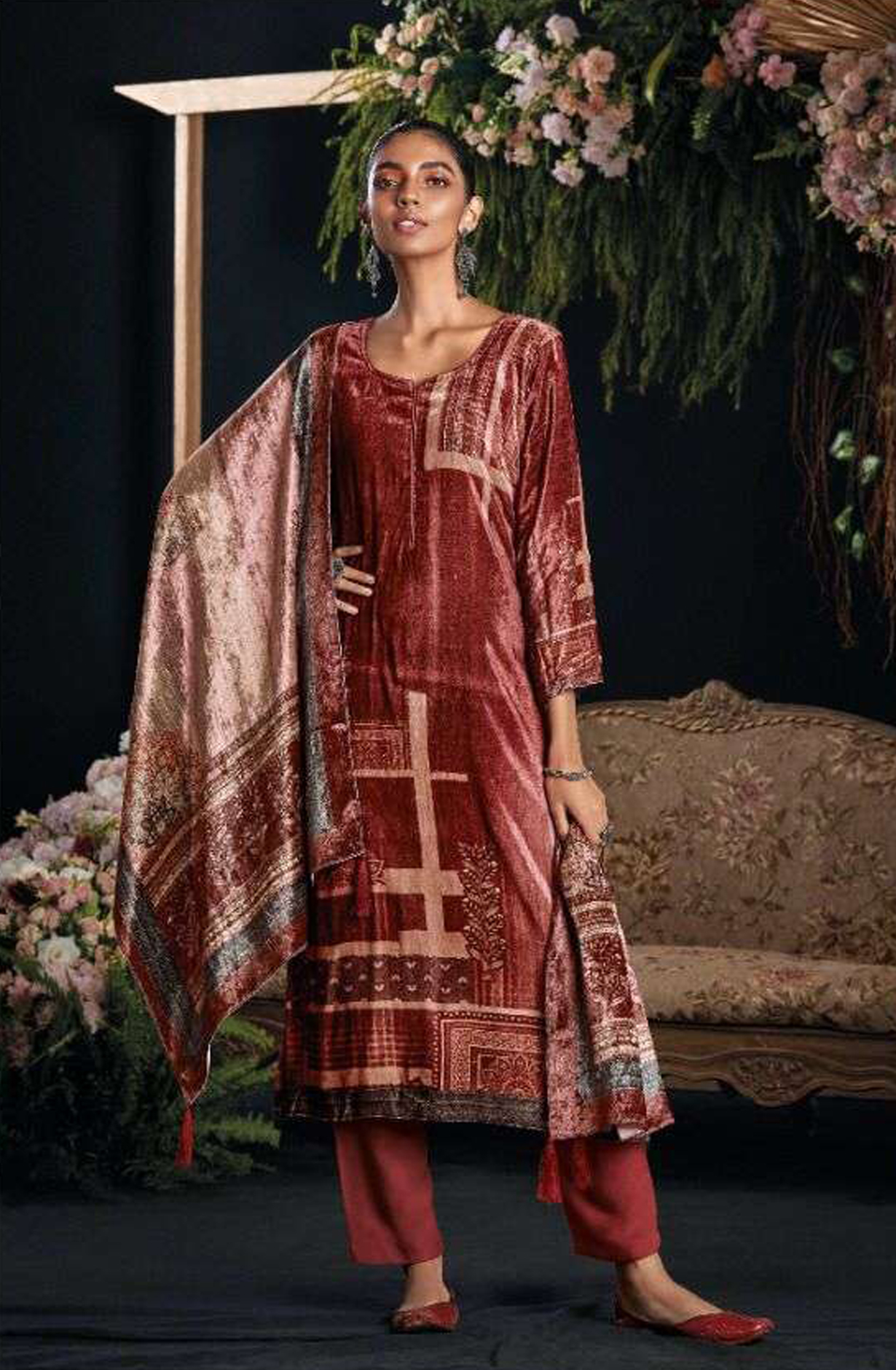 Maroon Pure Velvet Unstitched Salwar Suit - MIS883