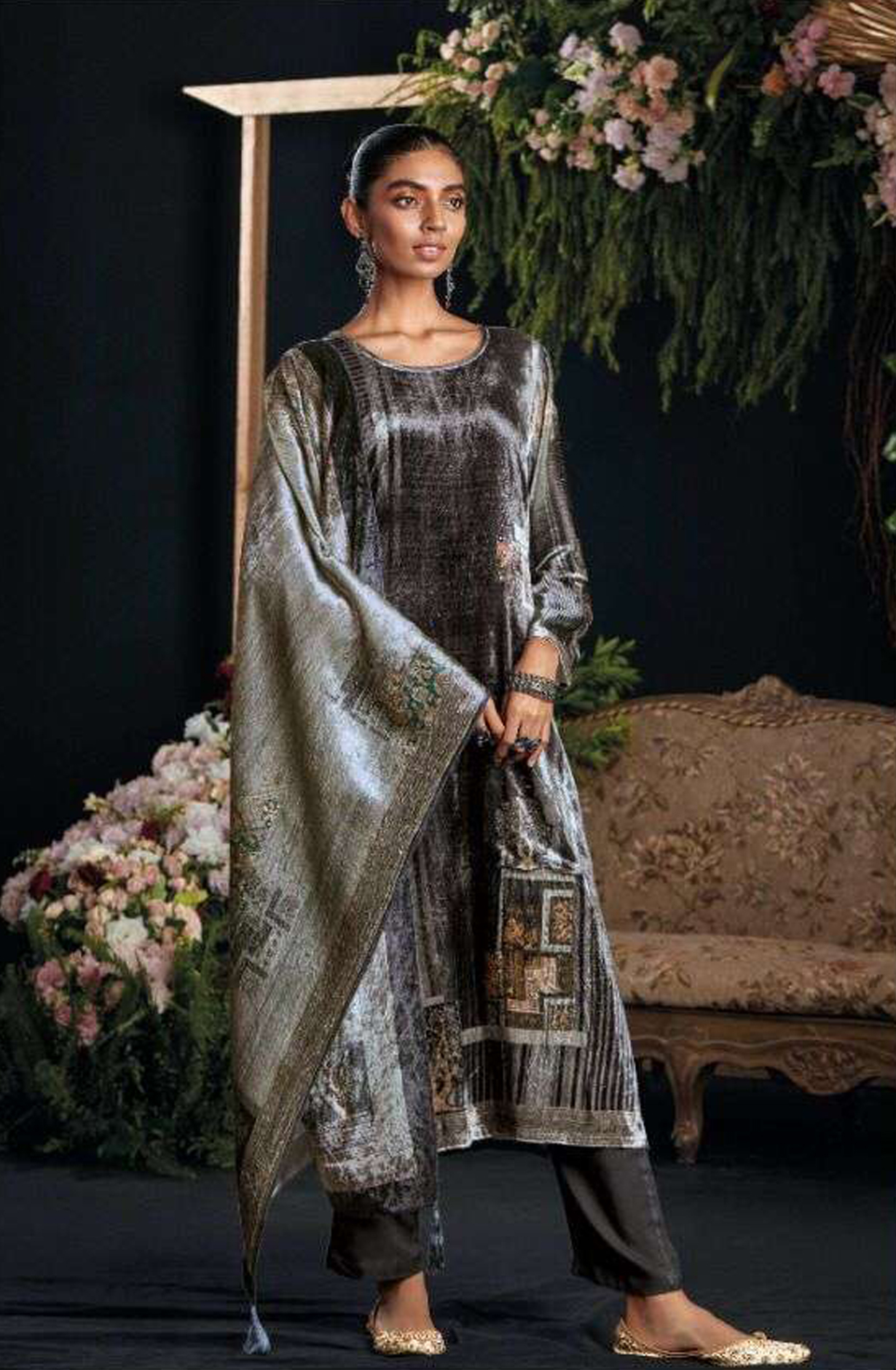 Grey and Black Pure Velvet Unstitched Salwar Suit - MIS884