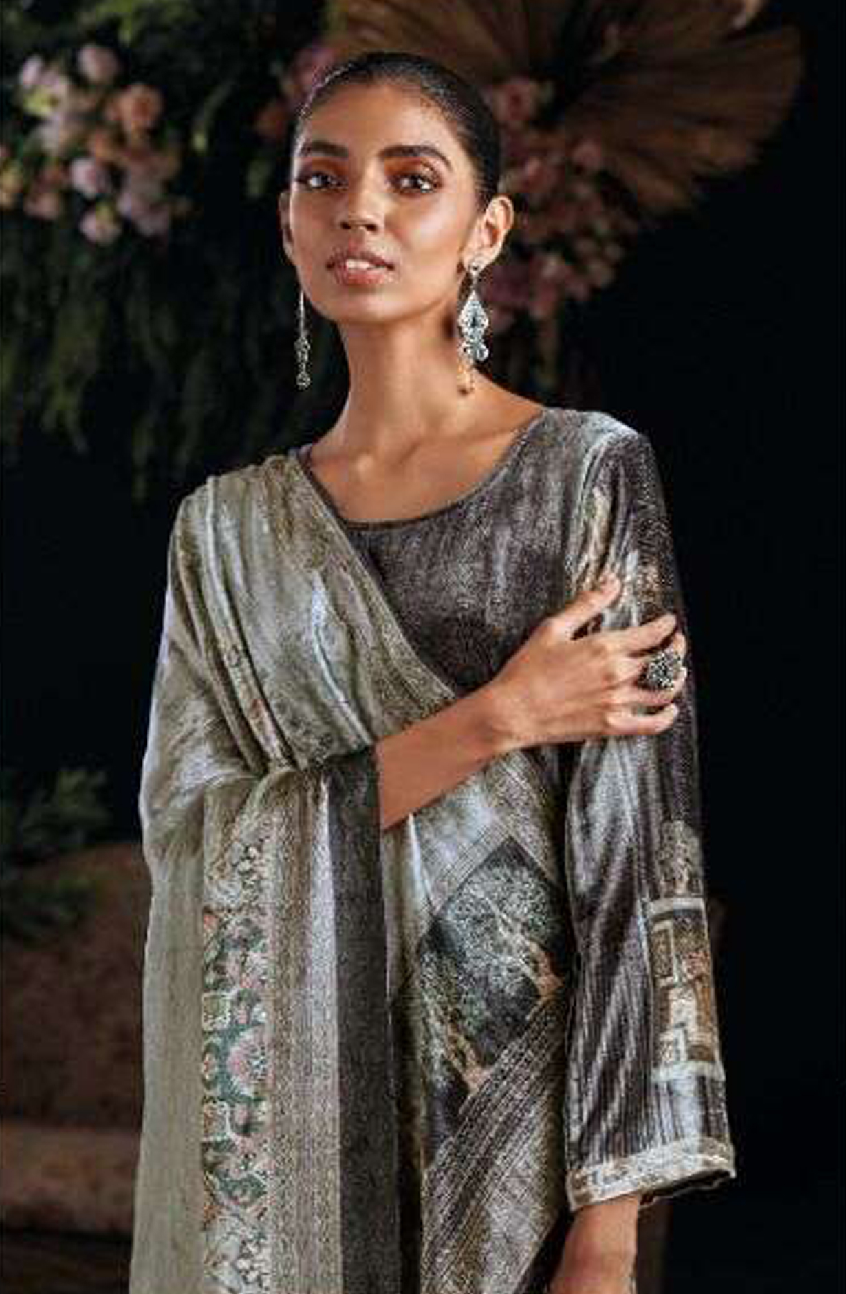 Grey and Black Pure Velvet Unstitched Salwar Suit - MIS884