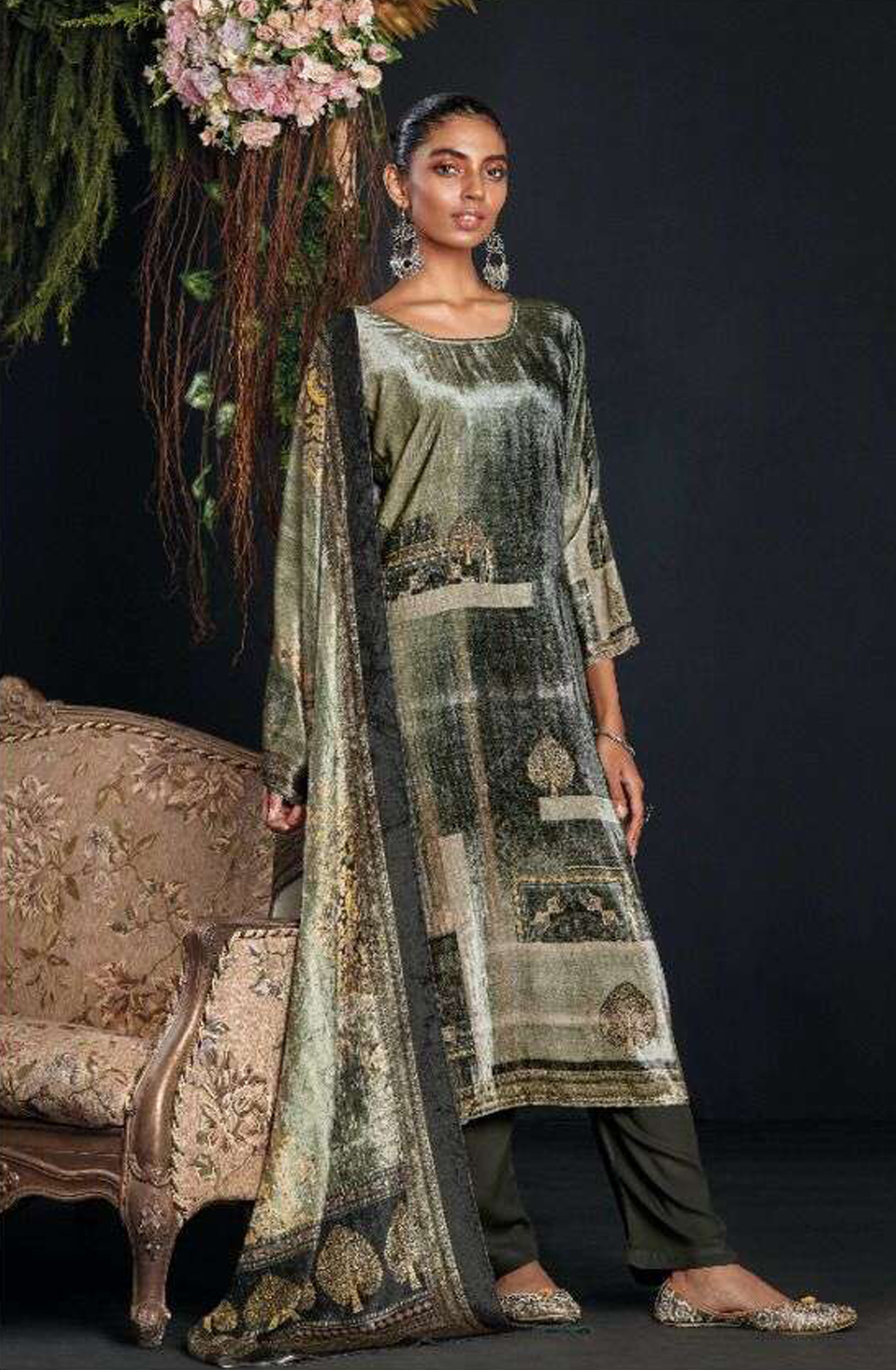 Green and Black Pure Velvet Unstitched Salwar Suit - MIS885