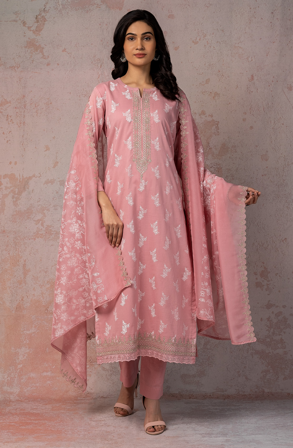Pink Cotton Beautiful Zari Embroidered Salwar Kameez with Organza Dupatta - MIT1893