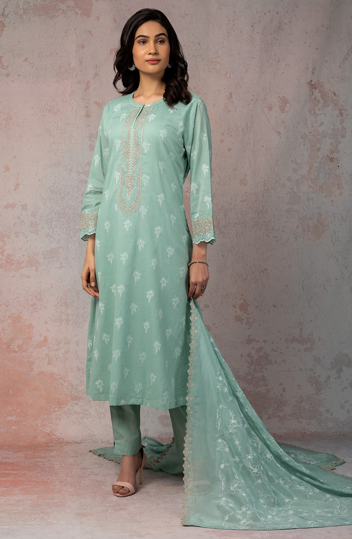 Sea Green Cotton Beautiful Zari Embroidered Salwar Kameez with Organza Dupatta - MIT1894