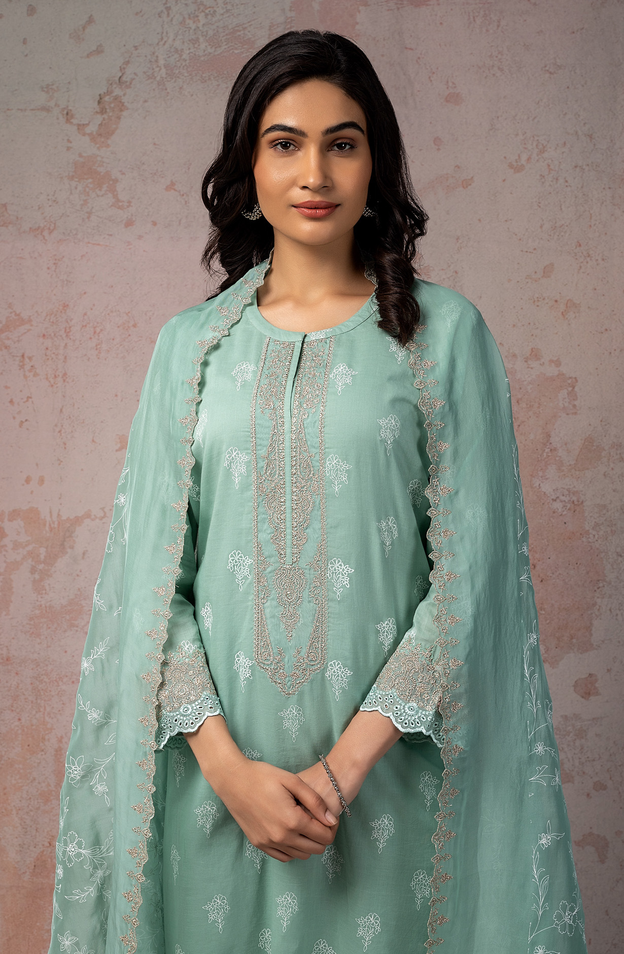 Sea Green Cotton Beautiful Zari Embroidered Salwar Kameez with Organza Dupatta - MIT1894