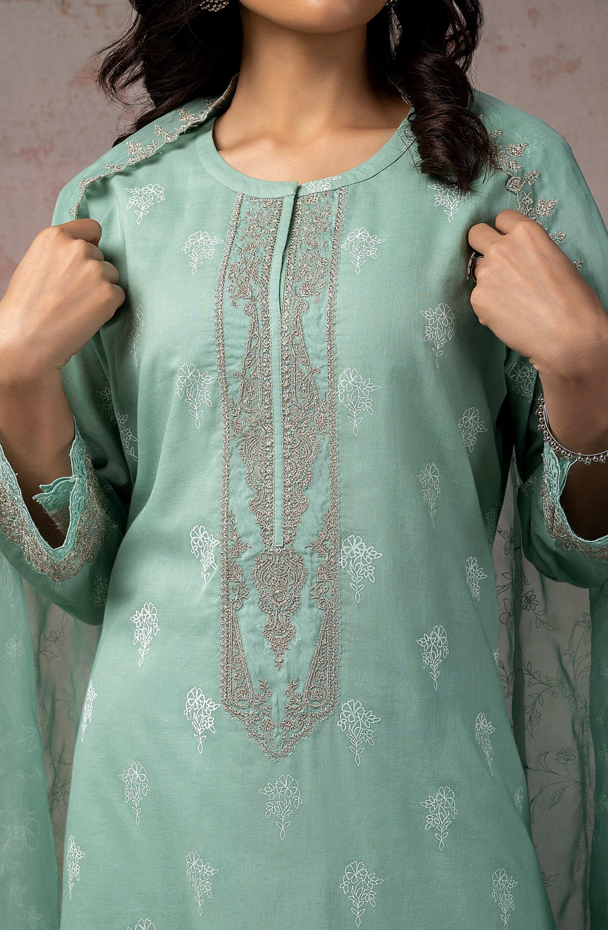 Sea Green Cotton Beautiful Zari Embroidered Salwar Kameez with Organza Dupatta - MIT1894