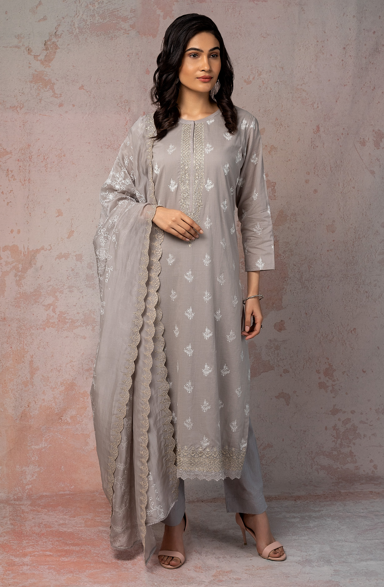 Grey Cotton Beautiful Zari Embroidered Salwar Kameez with Organza Dupatta - MIT1895