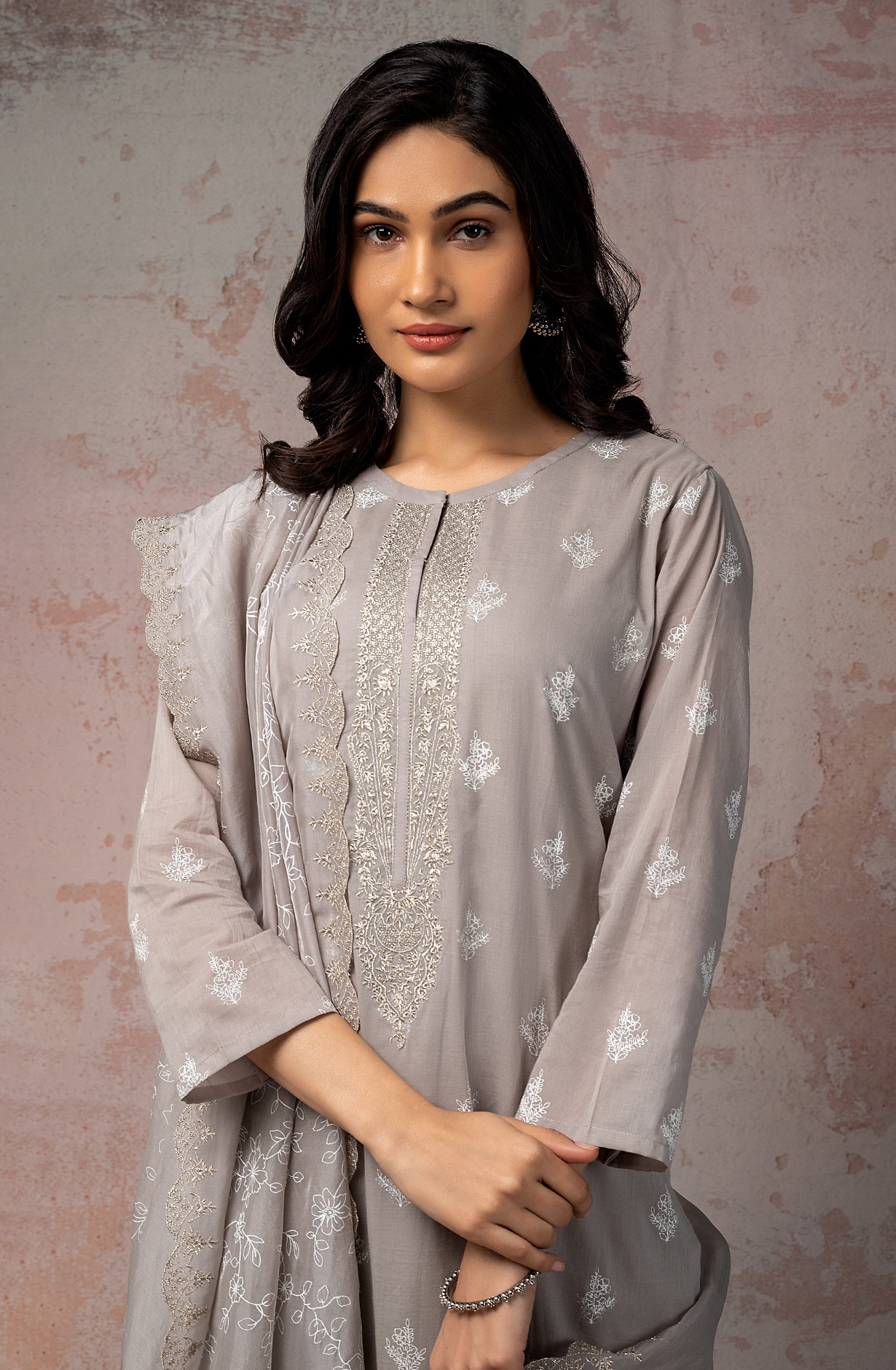Grey Cotton Beautiful Zari Embroidered Salwar Kameez with Organza Dupatta - MIT1895